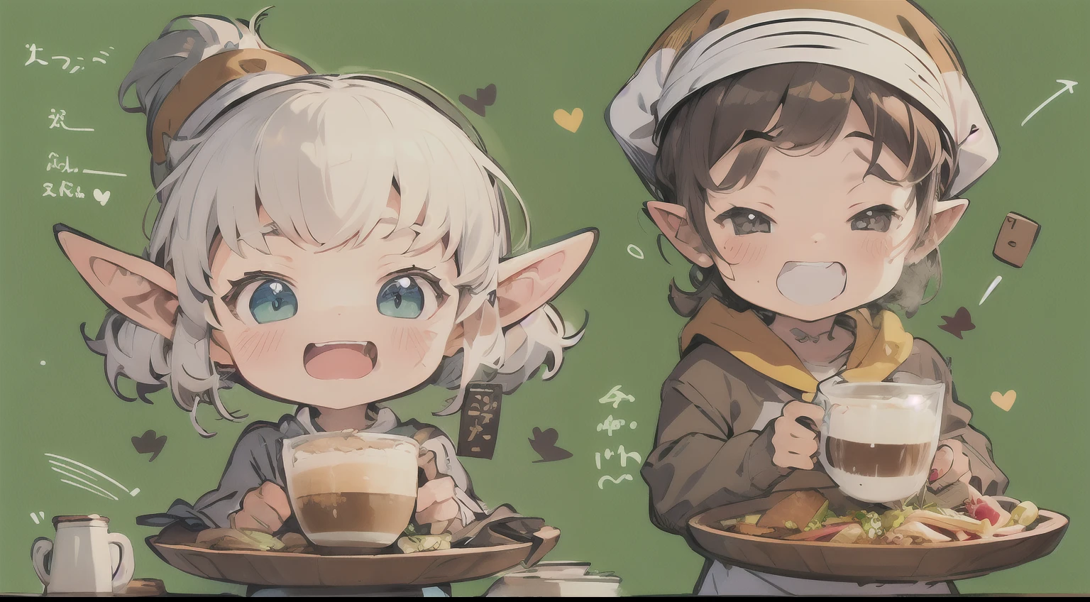 Cute elf characters drawn in realistic hand-drawn style、Generate illustrations that brightly depict the dining scene of a coffee shop。