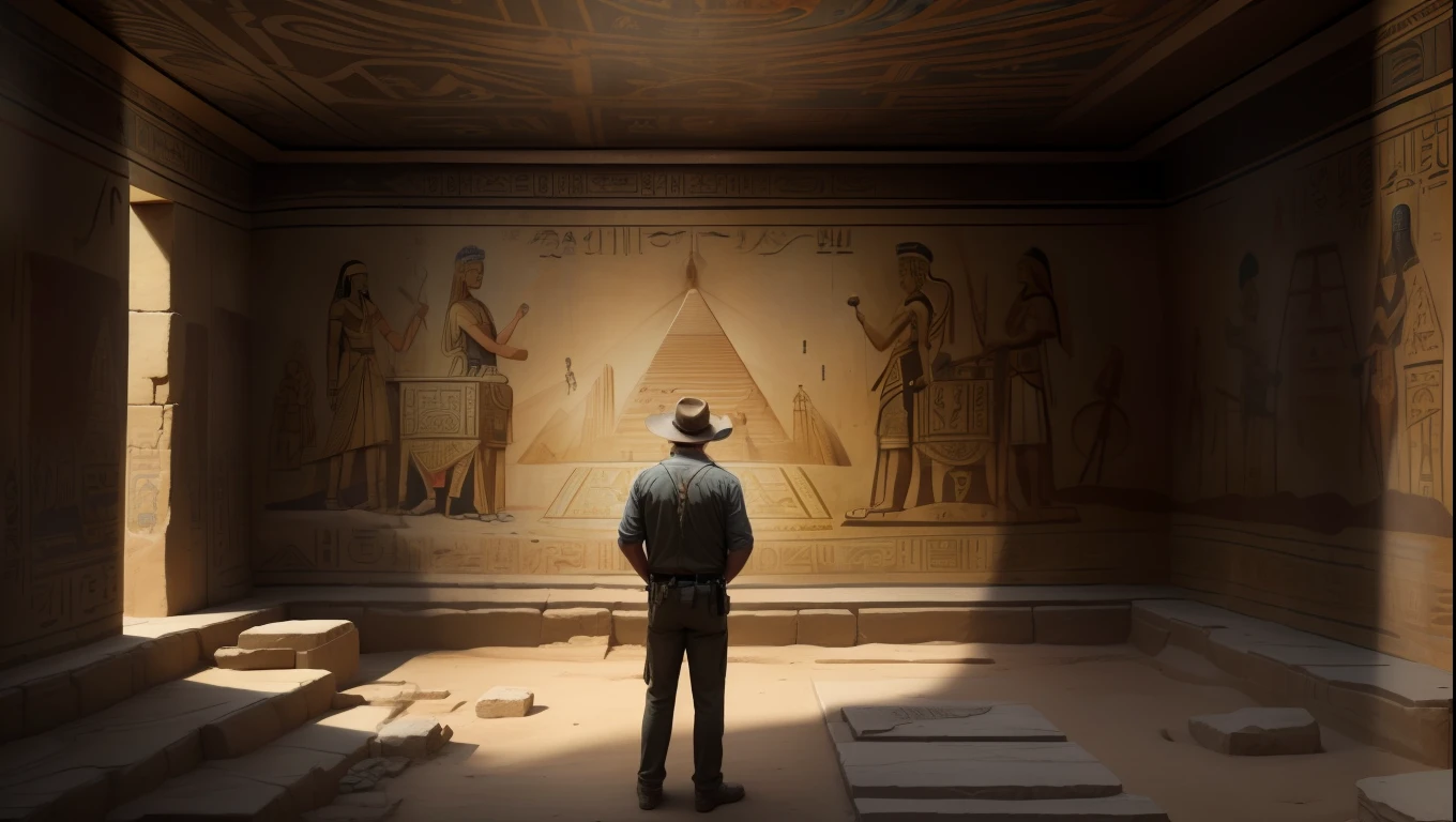 Absurd resolution,hight resolution,(masterpiece:1.4),ultra-detailliert,(masterpiece:1.4),(top-quality),Real Photo Writing,(top-quality)、(8K,4K),(Intricate details)、reallistic、(Archaeologist man looking at ancient murals:1.3)、 Egypt, Murals that have deteriorated over time, Underground darkness、Snake crawling on the ground, (Aliens and UFOs depicted in murals: 1.3), Hieroglyph is depicted、Torchlight only