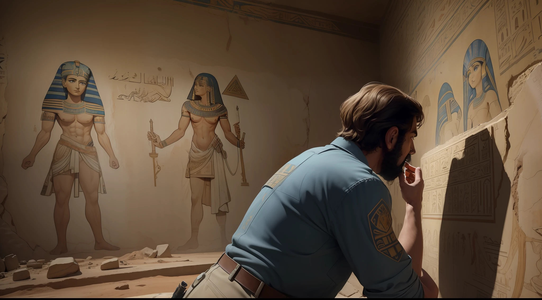 Absurd resolution,hight resolution,(masterpiece:1.4),ultra-detailliert,(masterpiece:1.4),(top-quality),Real Photo Writing,(8K,4K),(Intricate details),reallistic,(Archaeologist man looking at ancient murals:1.3), Egypt, Murals that have deteriorated over time, Darkness of the Underground,A real snake crawling on the ground, (Aliens and what appear to be UFOs depicted in the mural: 1.3), Hieroglyphs are drawn,Torch light only