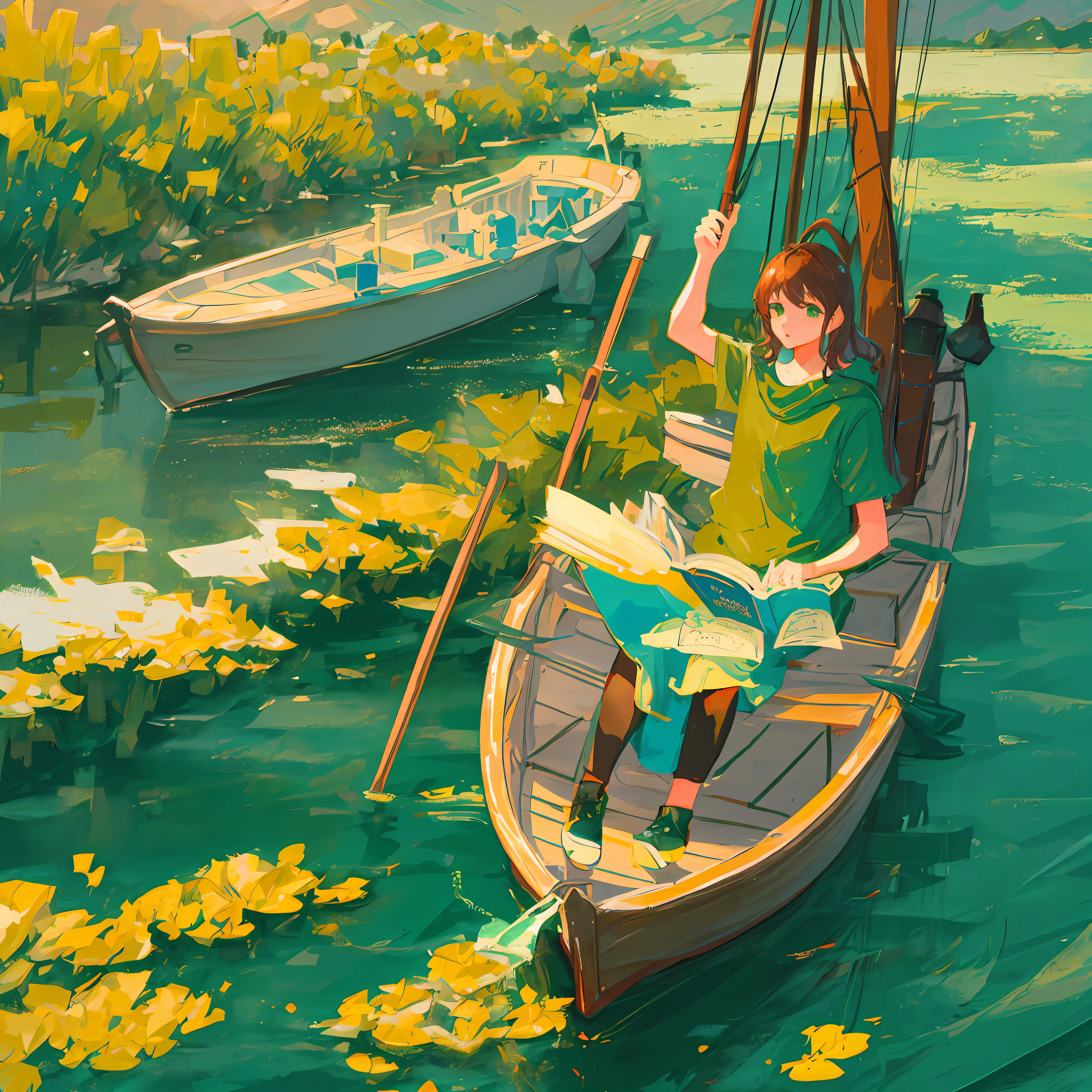 Youth Boat Reading Green Mountains and Green Water