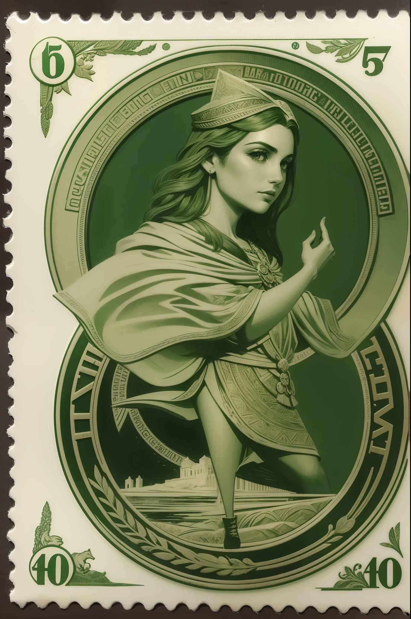 vintage Estados Unidos Selo Postal, Selo de 5 centavos, Shaka, tonalidade verde, gravura em linha, intaglio