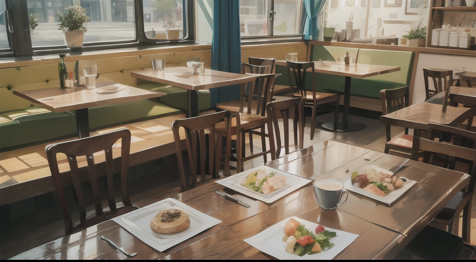 Cute elf character drawn in realistic hand drawn style、Generate illustrations that brightly depict the dining scene of a coffee shop。