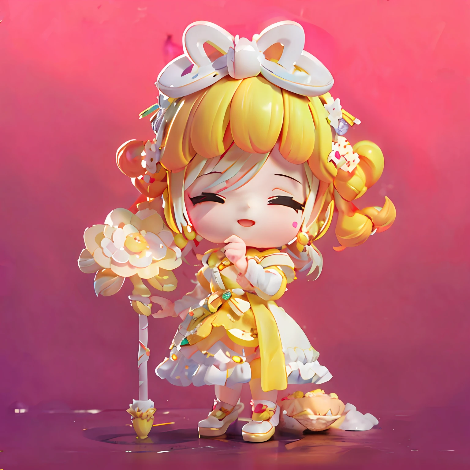 a Super cute girl,Wear white and yellow clothing,Holding a yellow flower-shaped wand,closing her eyes,Dreamy and cute hair accessories,Popmart blind box,IP design,Red pen,Macaron color,solid color backdrop,clean backdrop,resin,Exciting,3Drenderingof,oc rendered,Stylized 3D rendering,3D Rendering Character Art 8K,lovely digital painting,Anime style 3D,Super detailed rendering
