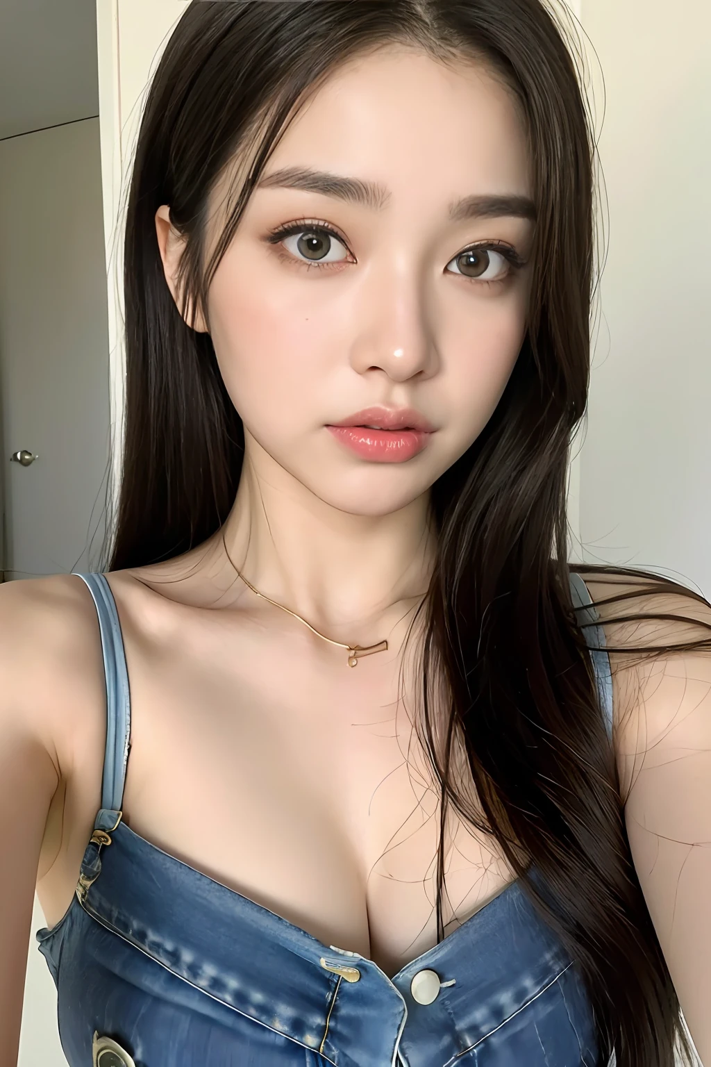8k, best quality, masterpiece, ultra highres:1.2, RAW photo), (realistic, photo realistic:1.33), Photo of Pretty Japanese doll, 1girl, solo, pretty doll, long hair, (bangs), brown hair, double eyelid, dark eyes, cosmetic contact lenses, big eyes, perfect anatomy, golden ratio, detailed beautiful face, solid circle eyes, (perfect eyes, detailed eyes), (detailed facial features), beautiful and clear eyes, detail eye pupil, aquiline nose, lip gloss, lips, cheek, blush, beautiful makeup, fair skin, shiny skin, slender body, thin thighs, narrow waist, beautiful hands, white tank top, tank top, bratops, spaghetti strap, denim shorts, belly button, shoulders, front