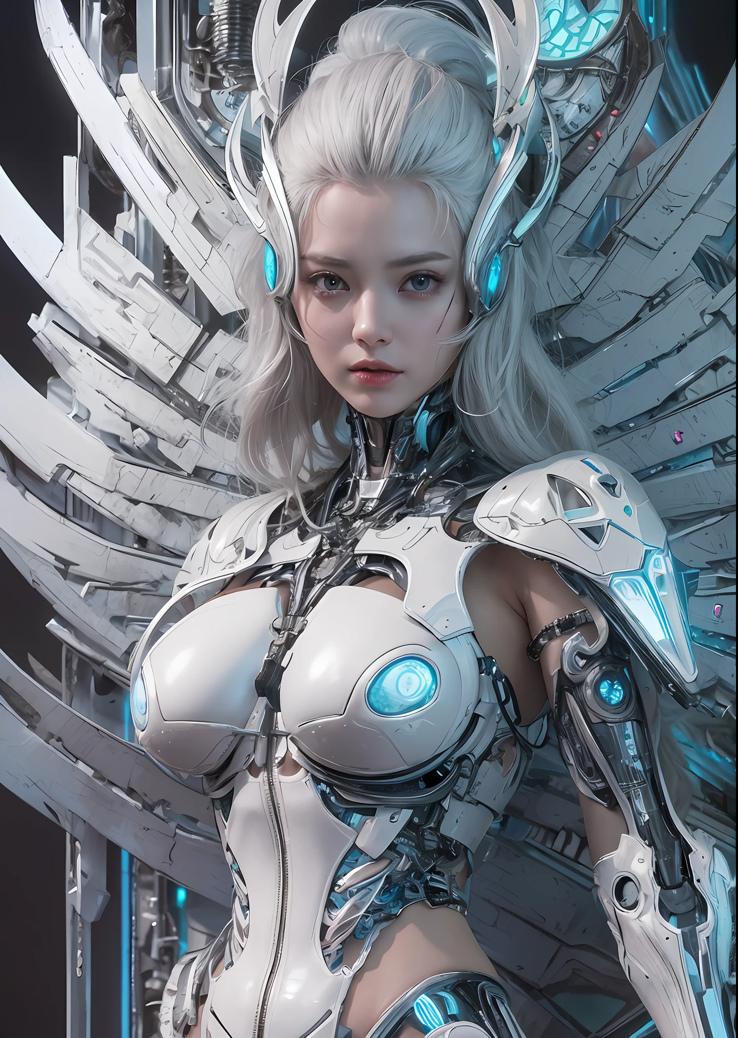 top-quality、masterpiece、超A high resolution、(Photorealsitic:1.4)、Raw photo、Battle Cyborg Angel、large wings made of metal、White porcelain body、Acrylic Clear Cover、white hair、glowy skin、1 Cyborg Girl、((super realistic details))、portlate、globalillumination、Shadow、octan render、8K、ultrasharp、character edge light,Colossal tits、Raw skin is exposed in cleavage、Details of complex ornaments、Giger Details、Hydraulic cylinder、Small LED lamp、highly intricate detail、Realistic light、a purple eye、radiant eyes、Facing the camera、neon details、cowboy shot、Futuristic headgear、About Cyberpunk、、