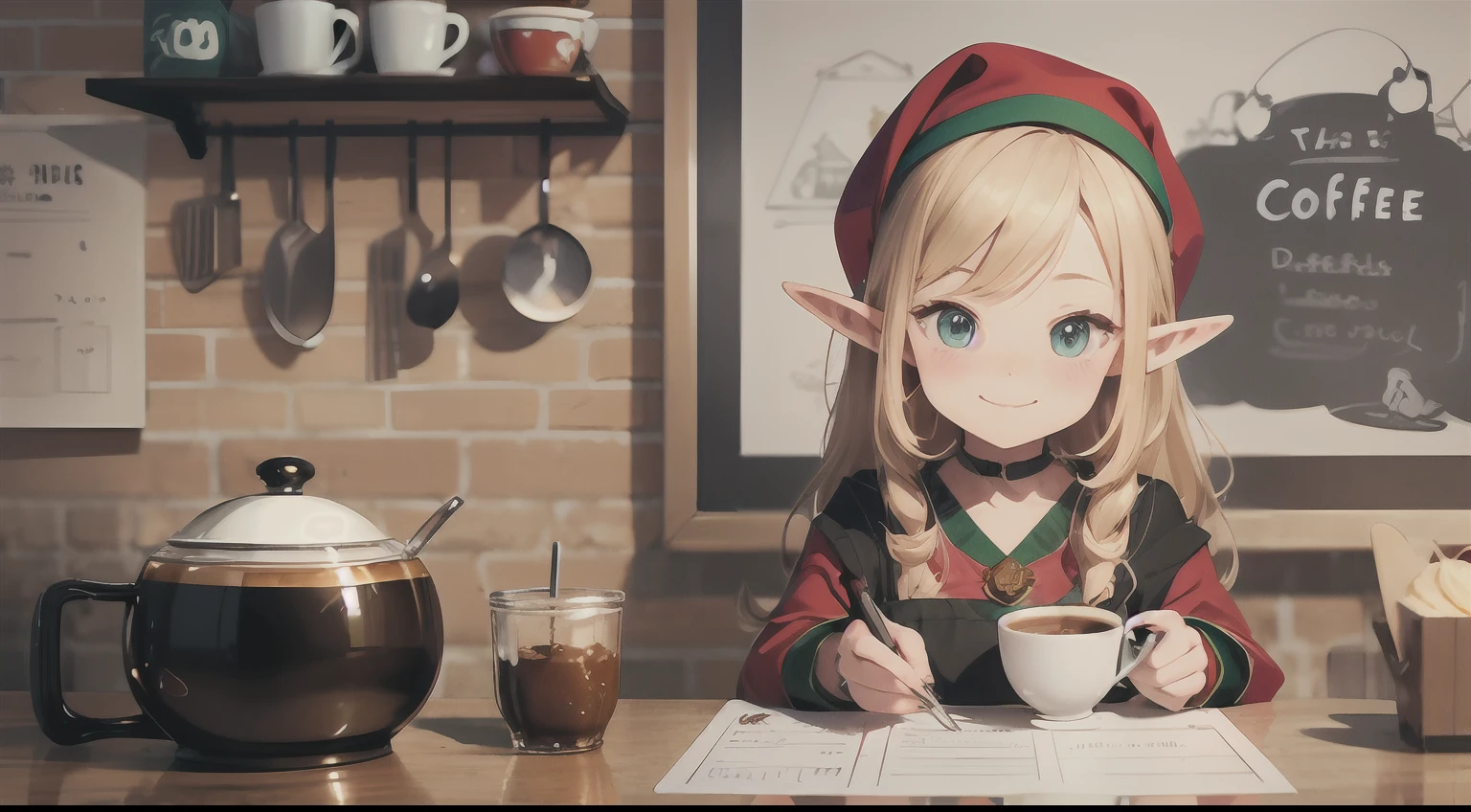 Cute elf characters drawn in realistic hand-drawn style、Generate illustrations that brightly depict the dining scene of a coffee shop。