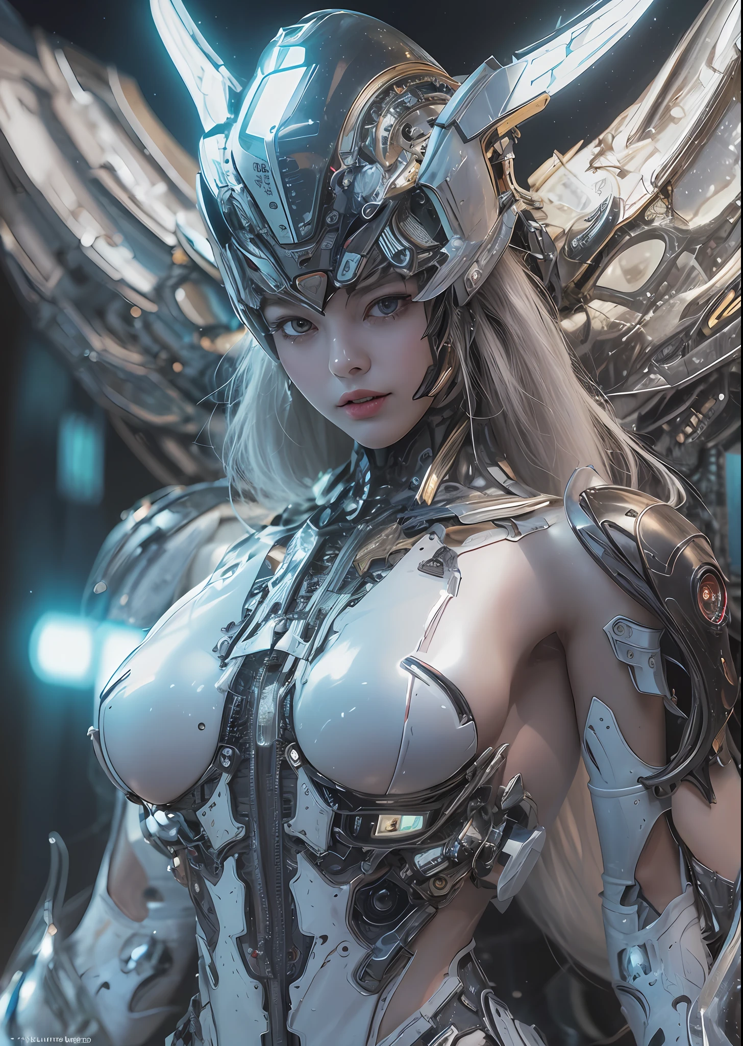 top-quality、​masterpiece、超A high resolution、(Photorealsitic:1.4)、Raw photo、Battle Cyborg Angel、large wings made of metal、White porcelain body、Acrylic Clear Cover、white  hair、glowy skin、1 Cyborg Girl、((super realistic details))、portlate、globalillumination、Shadow、octan render、8K、ultrasharp、character edge light,Colossal tits、Raw skin is exposed in cleavage、Details of complex ornaments、Giger Details、Hydraulic cylinder、Small LED lamp、highly intricate detail、Realistic light、a purple eye、radiant eyes、Facing the camera、neon details、cowboy  shot、Futuristic headgear、About Cyberpunk、、