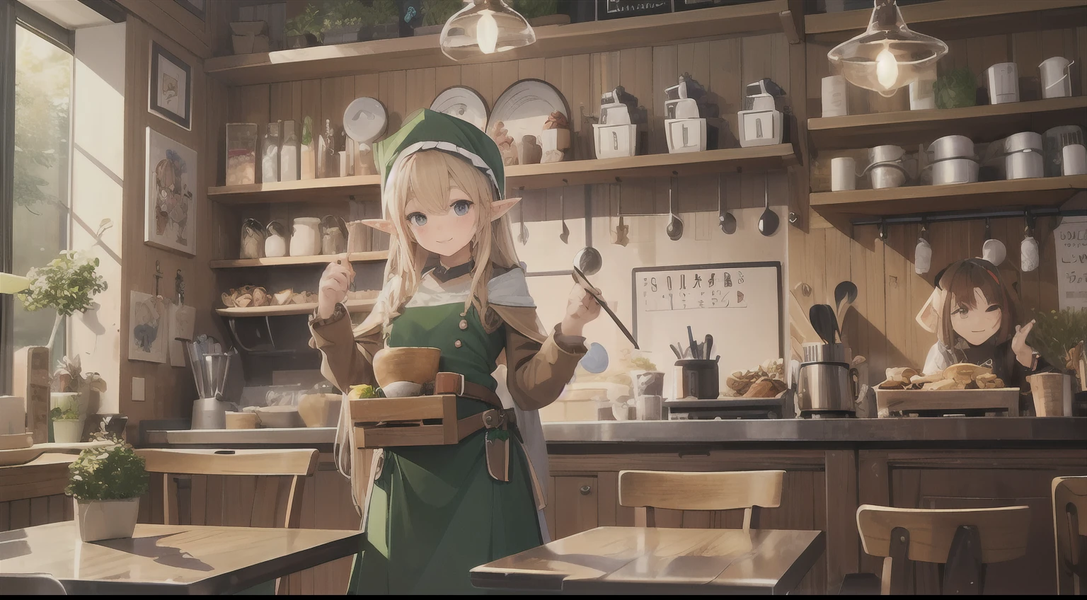 Cute elf character drawn in realistic hand drawn style、Generate illustrations that brightly depict the dining scene of a coffee shop。