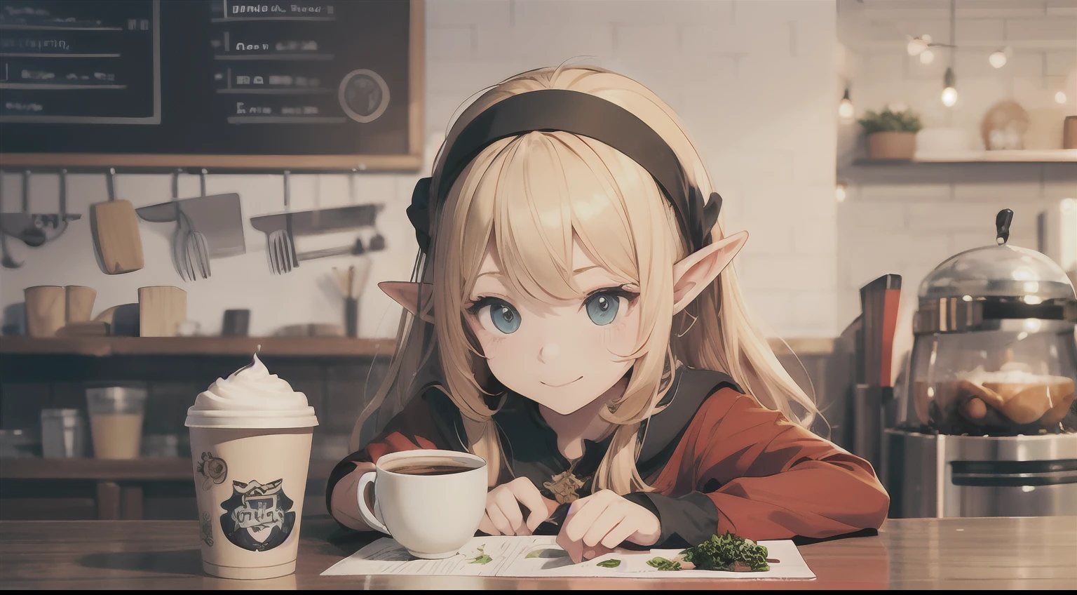 Cute elf characters drawn in realistic hand-drawn style、Generate illustrations that brightly depict the dining scene of a coffee shop。