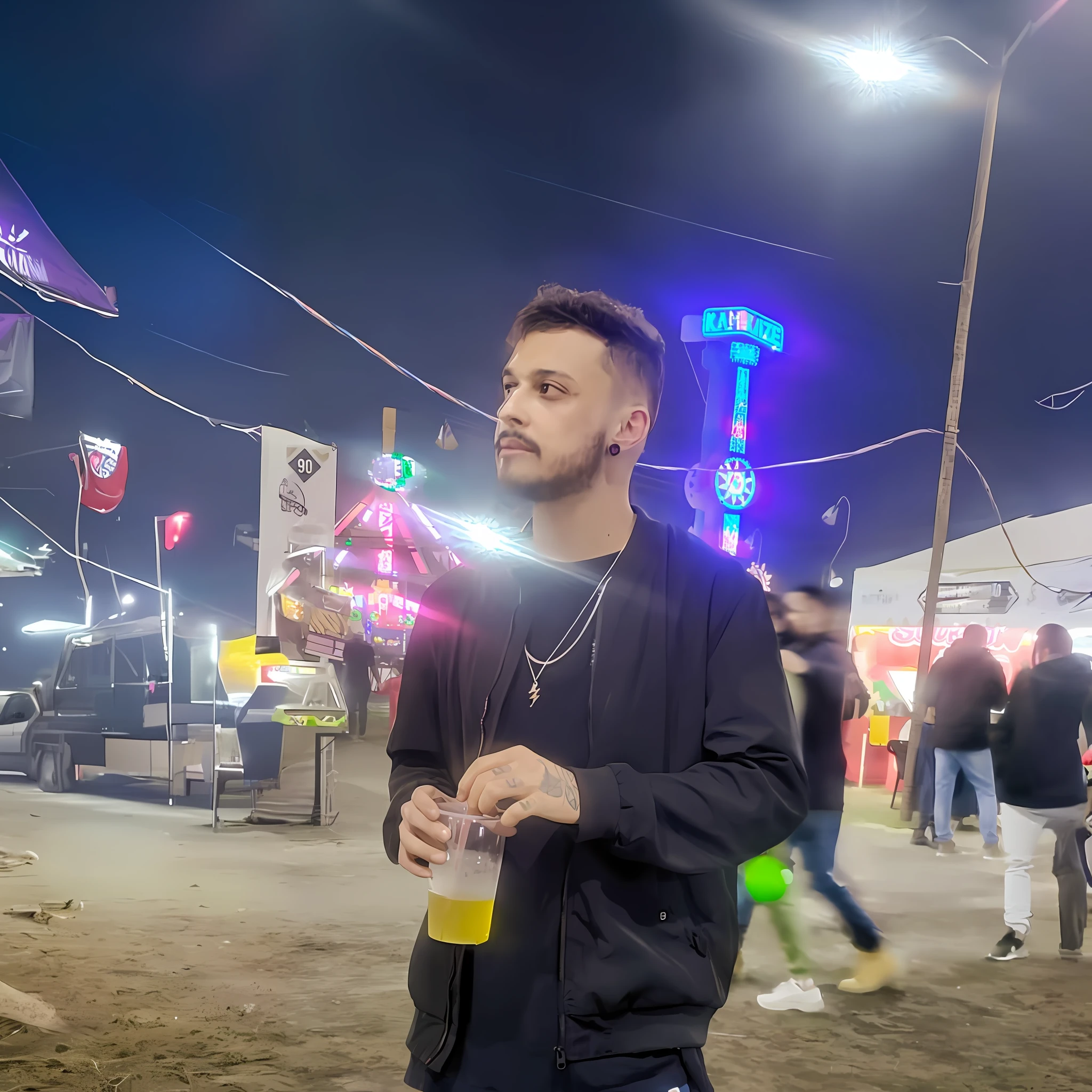 There is a man standing on the ground holding a drink, festival vibes, imagem de qualidade muito baixa, pegando seus tacos e bebida), a person at a music festival, potrait de corpo inteiro segurando garrafa, candid picture, Dr. Zeus, Coelho ruim, com uma bebida, wearing jeans and a black hoodie, candid photo, vestindo um pescador 🧥