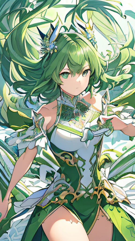 (((Masterpiece))),(((best qualtiy))),((Ultra-detailed)),(illustration),((anextremelydelicateandbeautiful)),dynamic angle,Floating,(beatiful detailed eyes),(detailedlight) (1girll), Solo, Floating_Hair,glowing light eyes,Green hair,green-eyed, double tails, halterdress, atdan, Green background,