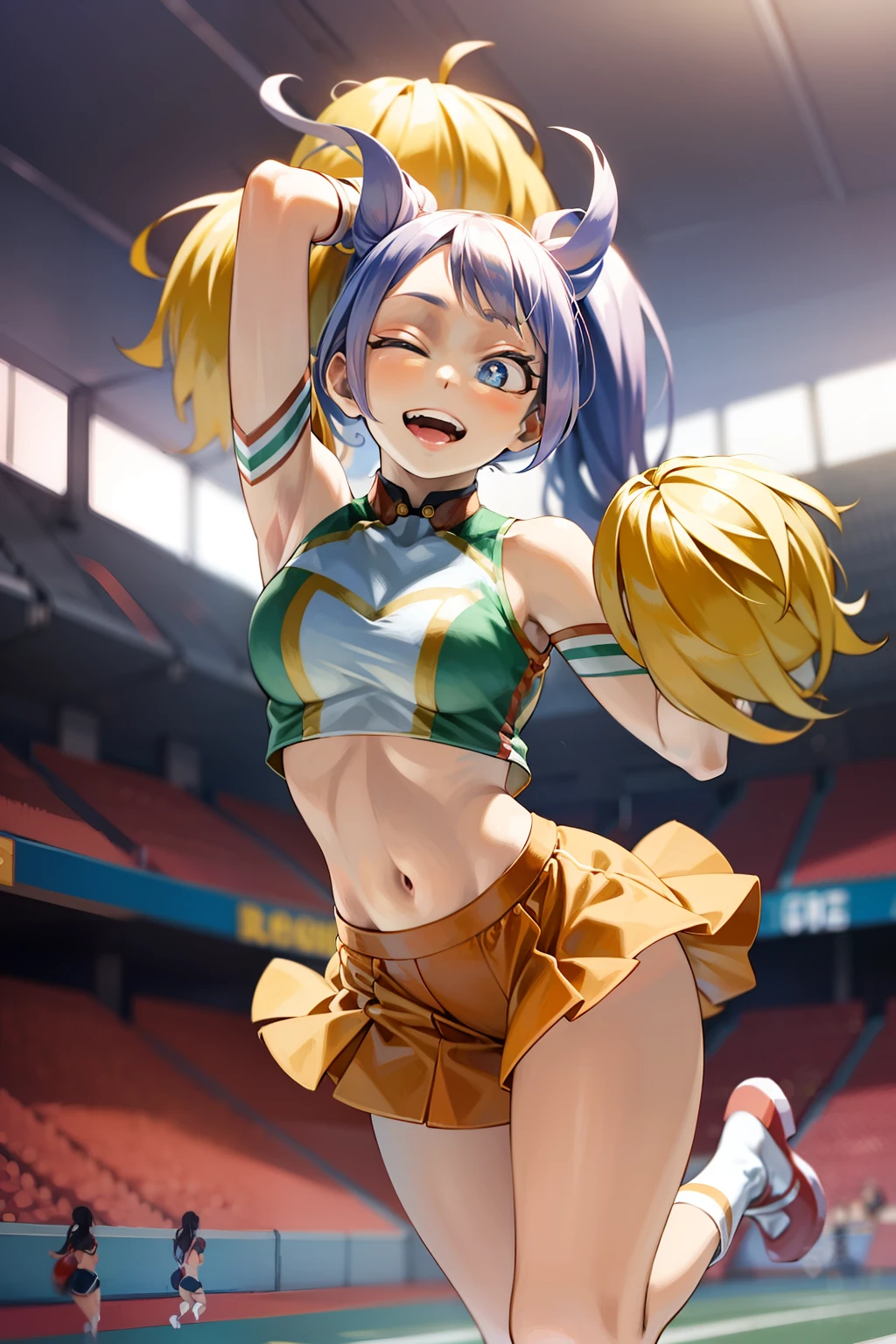 nejire hado, u.a. cheerleader uniform, orange shirt, orange skirt, pom pom \(cheerleading\), jumping, happy, open mouth, looking at viewer, long hair, twintails, pink footwear, navel, stadium, one eye closed, blue eyes