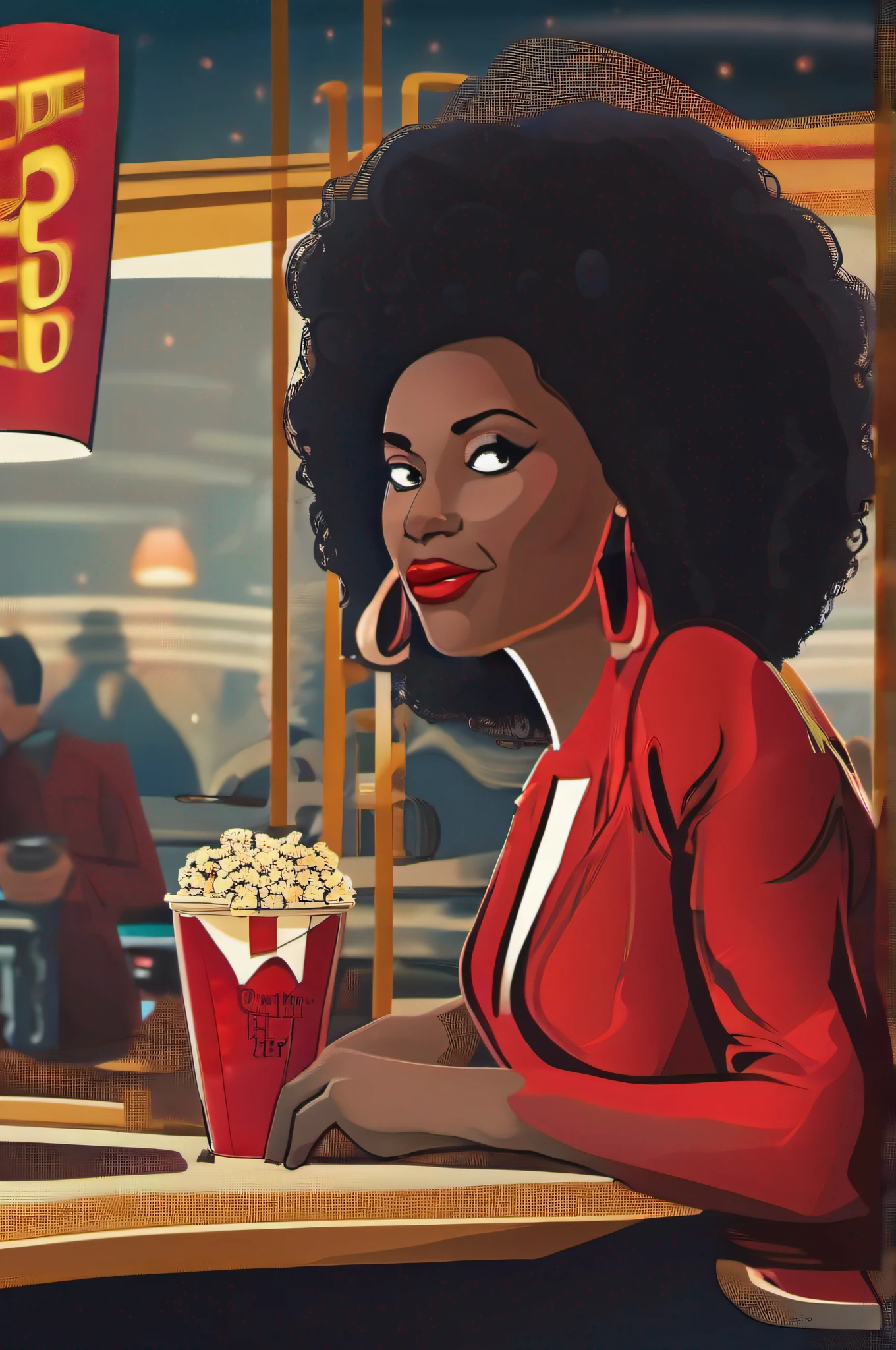A black beautiful woman at the movies
RESPONSE VISUAL STYLE: Cinematic, GENRE: Comedy, SUBJECT(S): Woman, TIME PERIOD: Present, COLOR: Red, ASPECT RATIO: 2.35:1, FORMAT: Digital, FRAME SIZE: 4K, LENS SIZE: 85mm, COMPOSITION: Close-up, LIGHTING: Low-key, LIGHTING TYPE: Artificial, TIME OF DAY: Night, ENVIRONMENT: Interior, LOCATION TYPE: Cinema, SET: Detailed, CAMERA: Blackmagic Pocket Cinema Camera 6K Pro, LENS: Canon EF 85mm f/1.4L IS USM Lens, FILM STOCK / RESOLUTION: High Resolution, TAGS: Woman, Cinema, Comedy