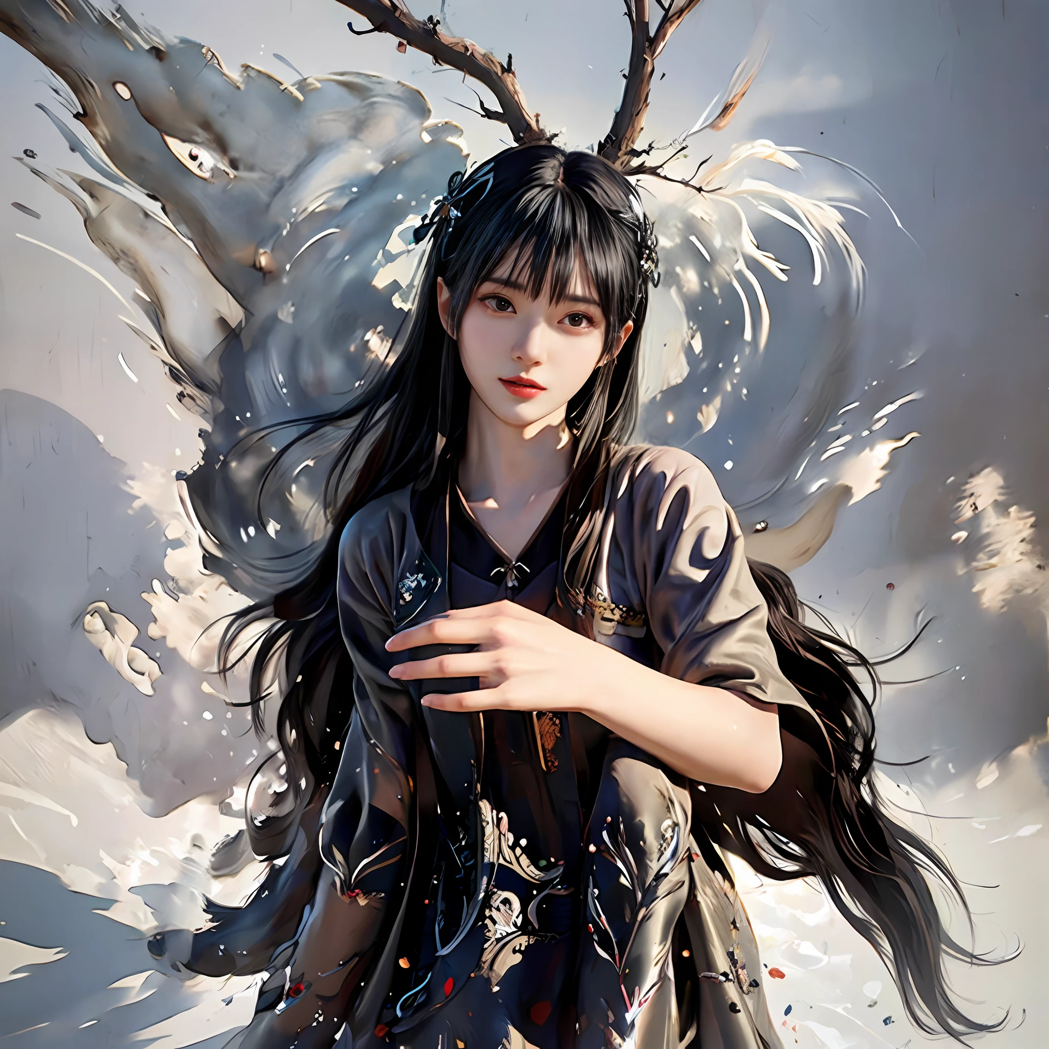 k hd，A picture，Clear facial features，exquisitely carved，Highest quality 8K quality，Black silk long legs painting a woman with long black hair and black shirt, Guviz-style artwork, Beautiful character painting, By Li Song, Gorgeous digital painting, Guviz, by Yang J, beautiful fantasy art portrait, A beautiful artwork illustration, WLOP Art, author：FAN Qi, beautiful digital painting, Spastic Painting wind, By Zeng Jing