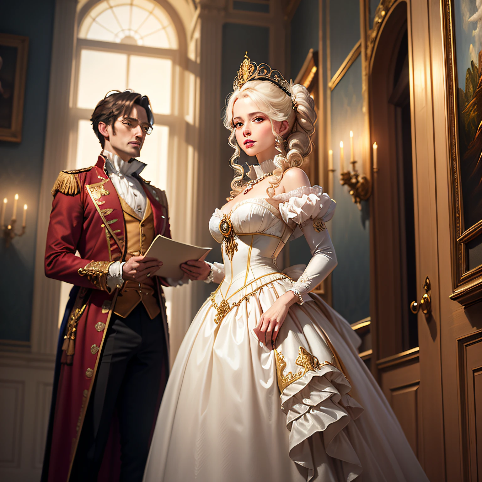 (masterpiece, best quality, beautiful oil painting:1.4), baroque_oil_painting, marie_antoinette, rococo_dress, ornate_brocade, panniers, ruffled_collar, silk_gloves, pearl_necklace, feathered_fan, crown, diamond_earrings, intricate_hairstyle, powdered_wig, beauty_spot, delicate_smile, lavish_palace_interior, gilded_furniture, grand_chandelier, opulent_draperies, soft_lighting, regal_aura, classical_music, timeless_elegance, highly detailed, authentic, 8k wallpaper