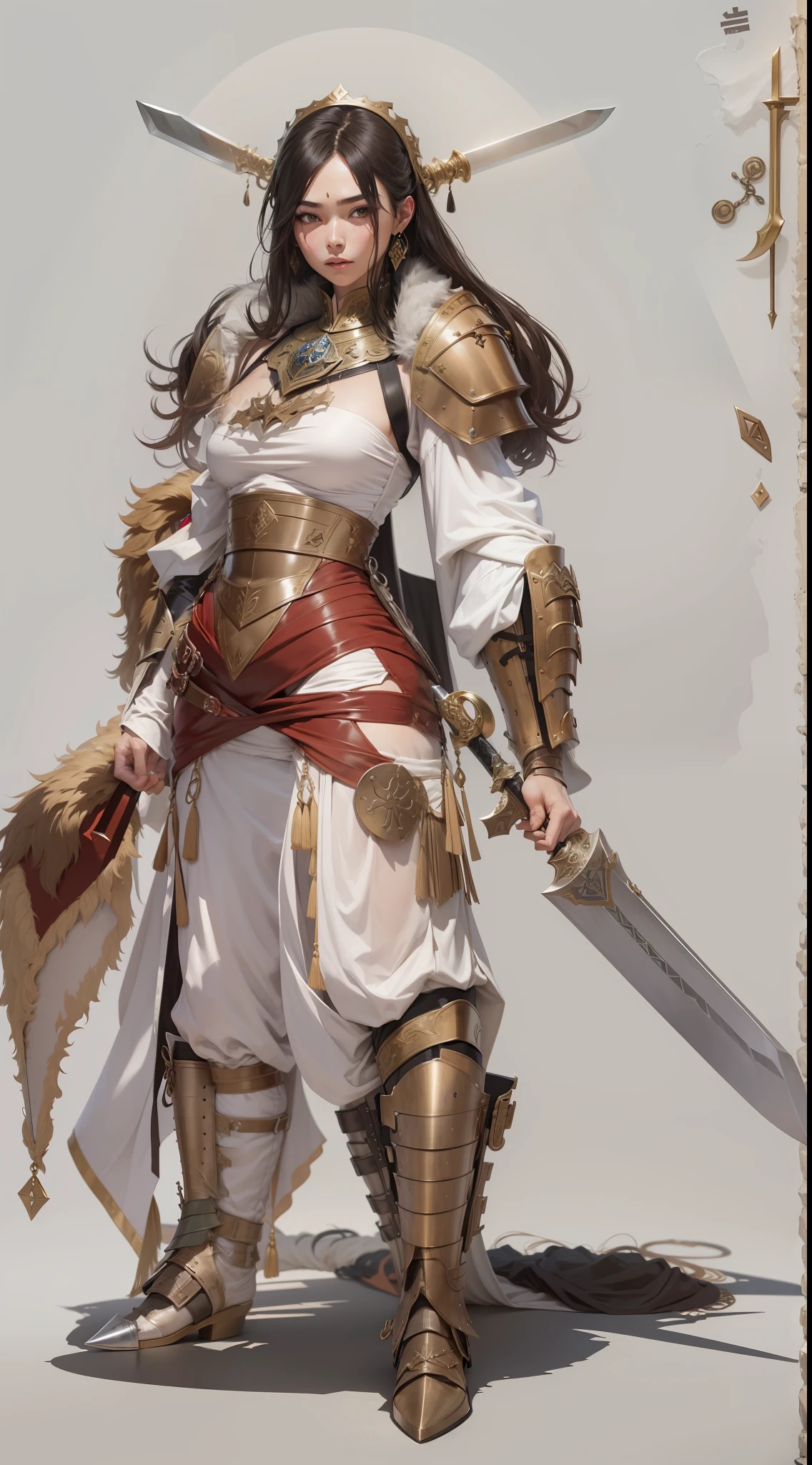 Copper model,New coffee products, Silver weapons, The sword, halter, Weapons of the future, 32K, Linen cloak, Top quality, Masterpiece:Faust,,1 child, short detailed hair, thin fog, (tmasterpiece,k hd,hyper HD,16k),clutching a sword,blood sky, Brunette knife, Shorts smoke, Mist coating, bandagens, sword sheath, Masks, 独奏,Ivory white background