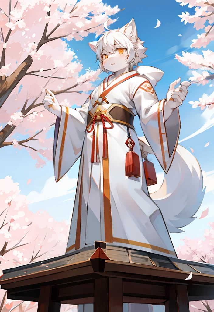 Shrines,under a sakura tree,Japanese style,solo person,White body,White ears,White hair,Overall white,Orange-yellow eyes,Wolf tail,Wolf orcs,Shiji Divine Wolf,Young,Wearing a Taoist robe,Ultra-clear screen,Soft lines