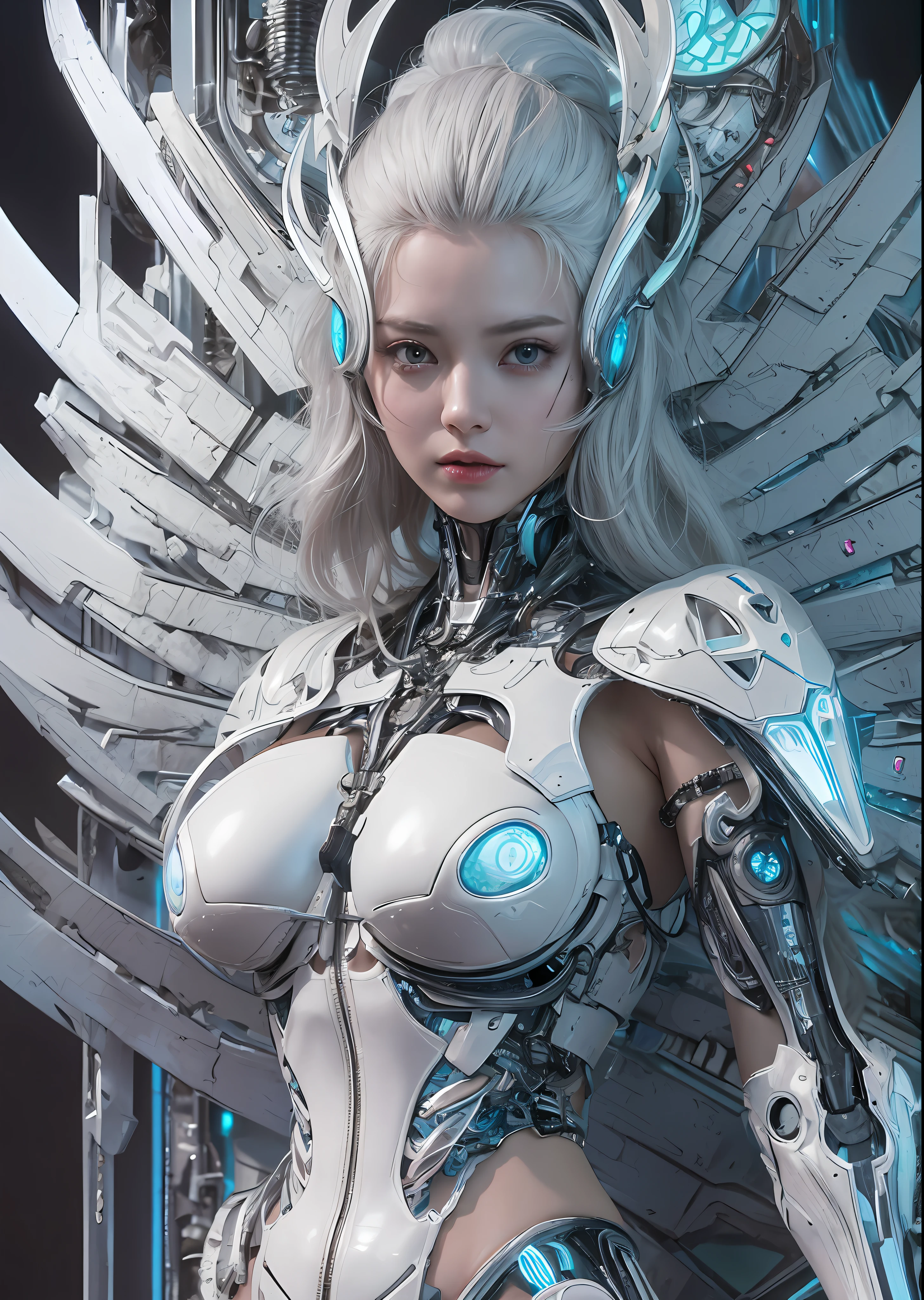 top-quality、​masterpiece、超A high resolution、(Photorealsitic:1.4)、Raw photo、Battle Cyborg Angel、large wings made of metal、White porcelain body、Acrylic Clear Cover、white  hair、glowy skin、1 Cyborg Girl、((super realistic details))、portlate、globalillumination、Shadow、octan render、8K、ultrasharp、character edge light,Colossal tits、Raw skin is exposed in cleavage、Details of complex ornaments、Giger Details、Hydraulic cylinder、Small LED lamp、highly intricate detail、Realistic light、a purple eye、radiant eyes、Facing the camera、neon details、cowboy  shot、Futuristic headgear、About Cyberpunk、、