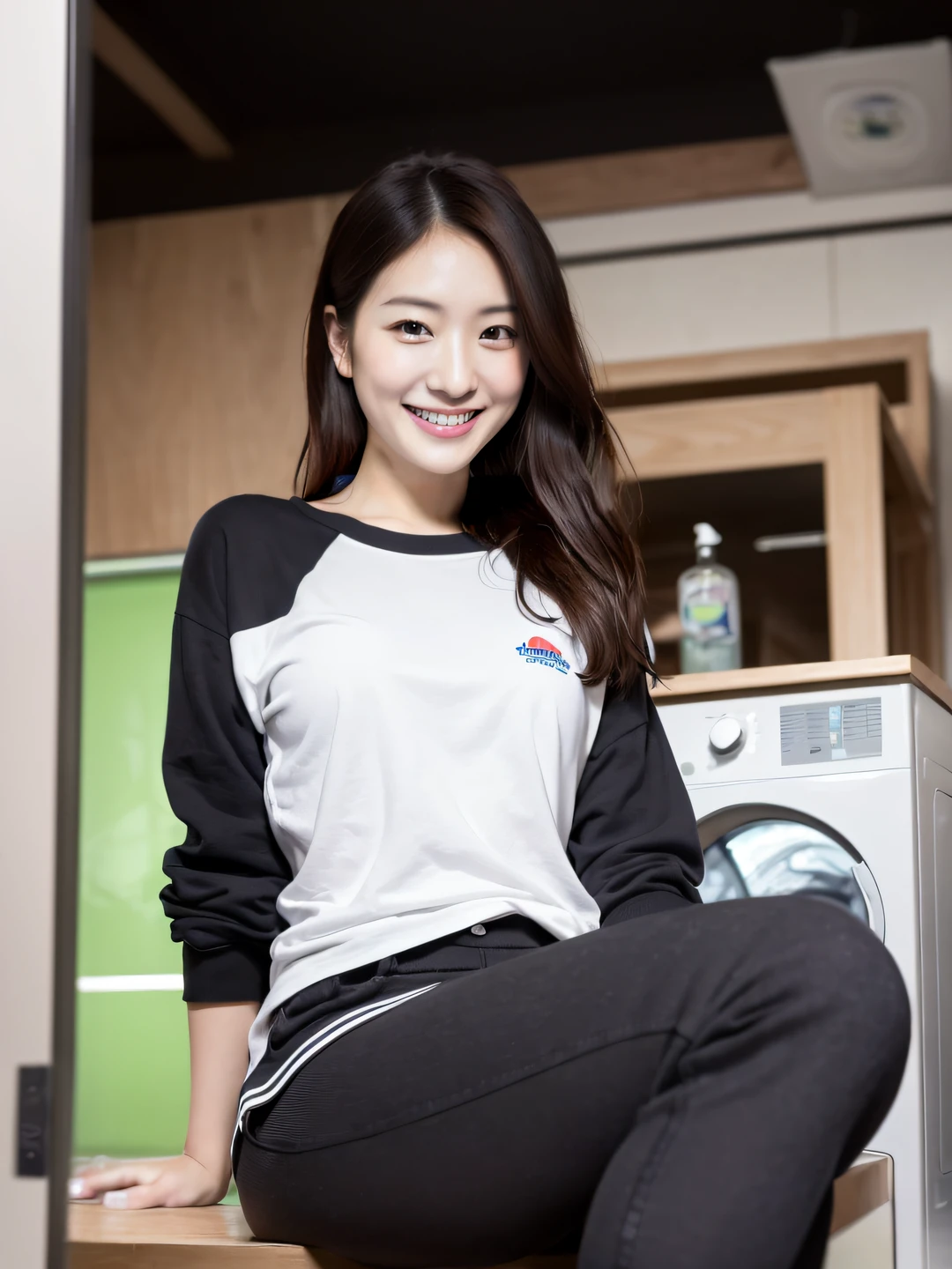 best quality, masterpiece, ultra high res, 8K, raw, (photo realistic:1.4), professional lighting, (detailed background:1.5), (indoors, at the laundromat, washing machine, window:1.3), tokyo BREAK 1 girl, depth of field, full body, slender, varied poses, sit on a cheap chair, day time, (cute, 18yo:1.3), smile, non make up, big black eyes, navel, small breasts, black hair, short hair, detailed clothes, crop top, shorts, sneakers