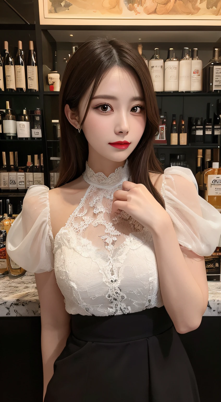 masutepiece, Best Quality, Illustration, Ultra-detailed, finely detail, hight resolution, 8K Wallpaper, Perfect dynamic composition, Beautiful detailed eyes, She is a hostess, Natural lip color, gorgeous dress , Full body, in a hostess bar, Sexy face