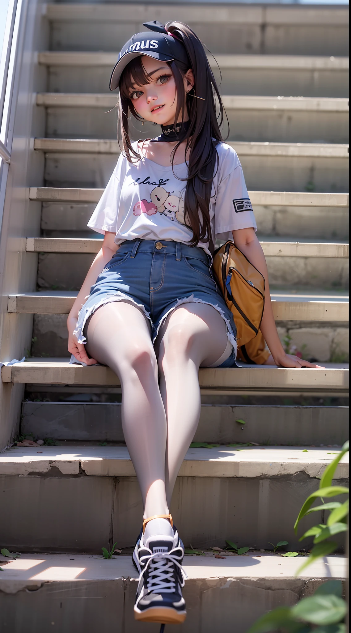 incantation(Prompt): tmasterpiece， Best quality at best， absurderes， Perfect anatomy， 1girll， 独奏， Love Espada， long whitr hair， pony tails， ， baseball cap， graphic t shirt， denim short， Shorts pantyhose， Sat down， stairways， exteriors， 城市， ssmile， Dutch angle， wide - angle shot，Hands on your back，nabel