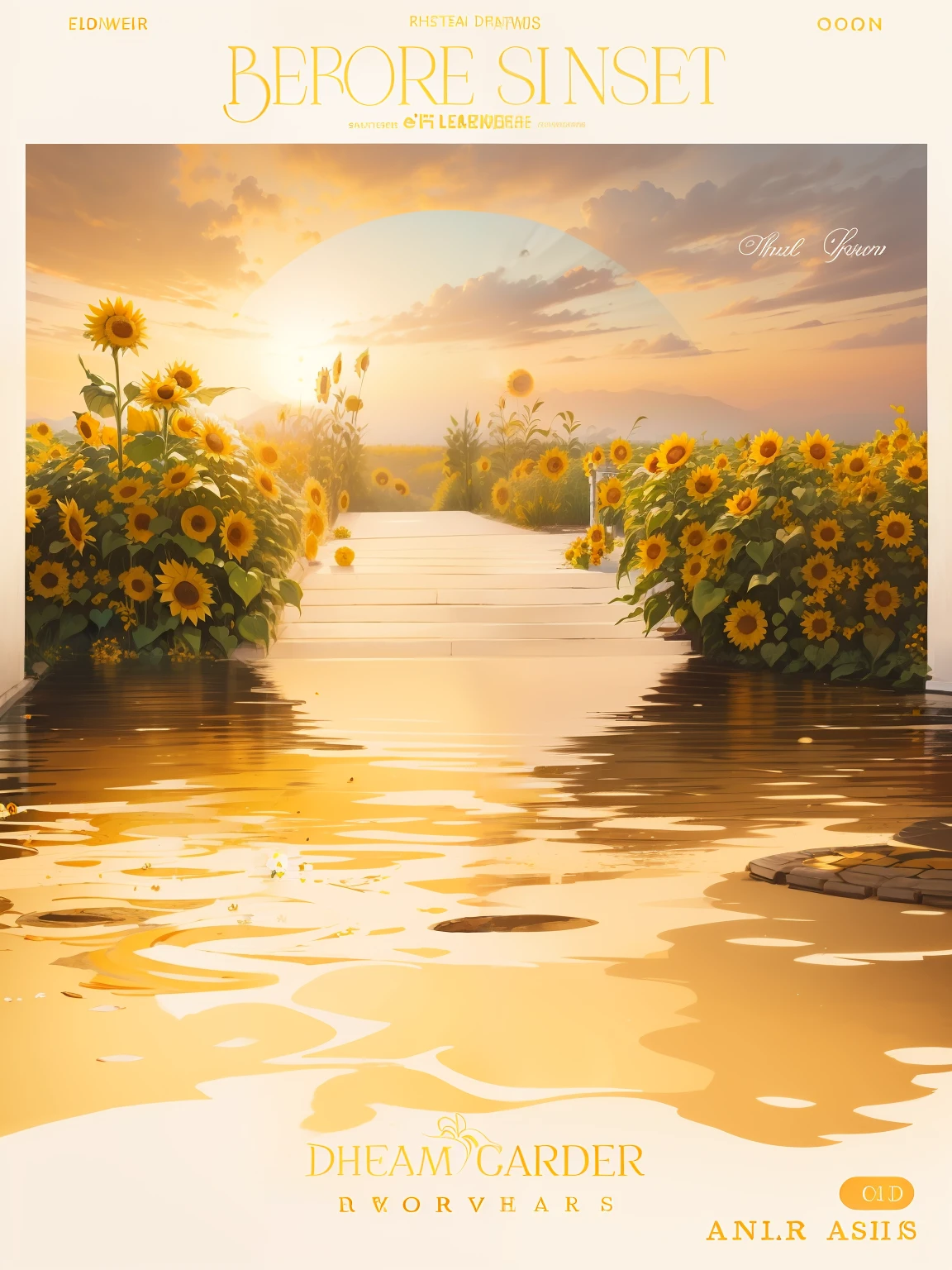 Wedding scene,Romantic aesthetics,sun rising,White, yellow, orange flowers cover the sides of the passage, and sunflowers are in between,The ground is sparkling,White or black background