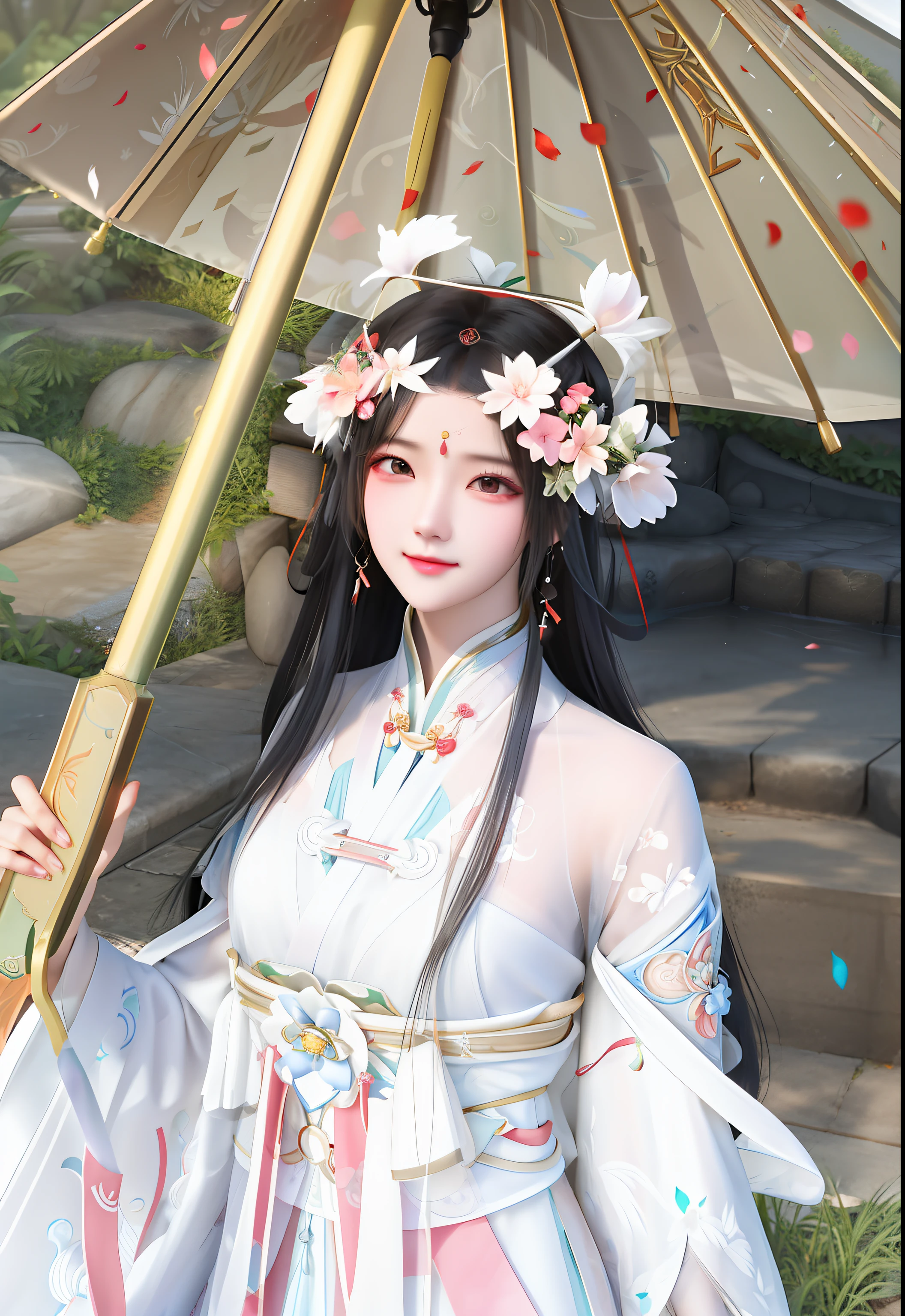 there is a woman in a white dress holding an umbrella, White Hanfu, Inspired by Huang Ji, inspired by Li Mei-shu, the goddess of summer, Inspired by Lan Ying, inspired by Sim Sa-jeong, inspired by Ma Yuanyu, inspired by Luo Mu, Guviz, Inspired by Ai Xuan, a beautiful fantasy empress, 🌺 CGSesociety