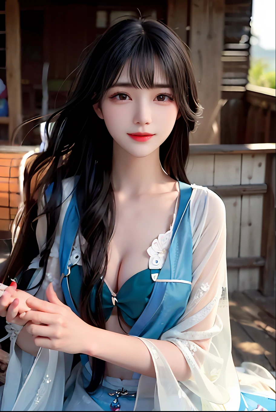 "A sunny beach,A gorgeous young Korean woman(ulzzangs)Walk slowly。She is beautiful,elegant and charming。The sun shines on her face,Refracts a warm glow。The sea breeze brushed her long hair,Creates a feminine and flowing effect。There is a hint of exotic charm between her eyebrows。A sight that people want to look for。"