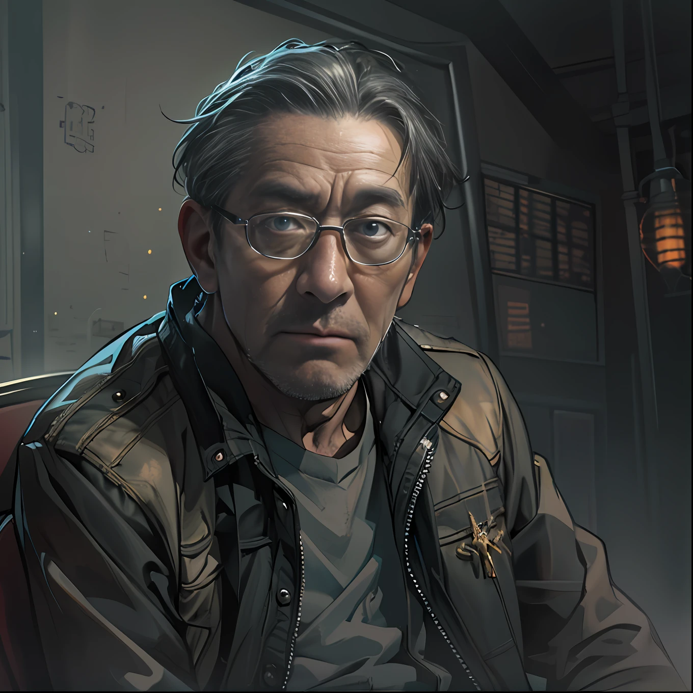 A middle-aged mature man sits in a director's chair,An unhappy expression on his face,Keep shaking your head,The expression is serious。It was surrounded by a quiet set,The lighting is dim,The atmosphere is dignified,in the style of the stars art group xing xing, 32K, Best quality, Masterpiece, Super detail, High details,