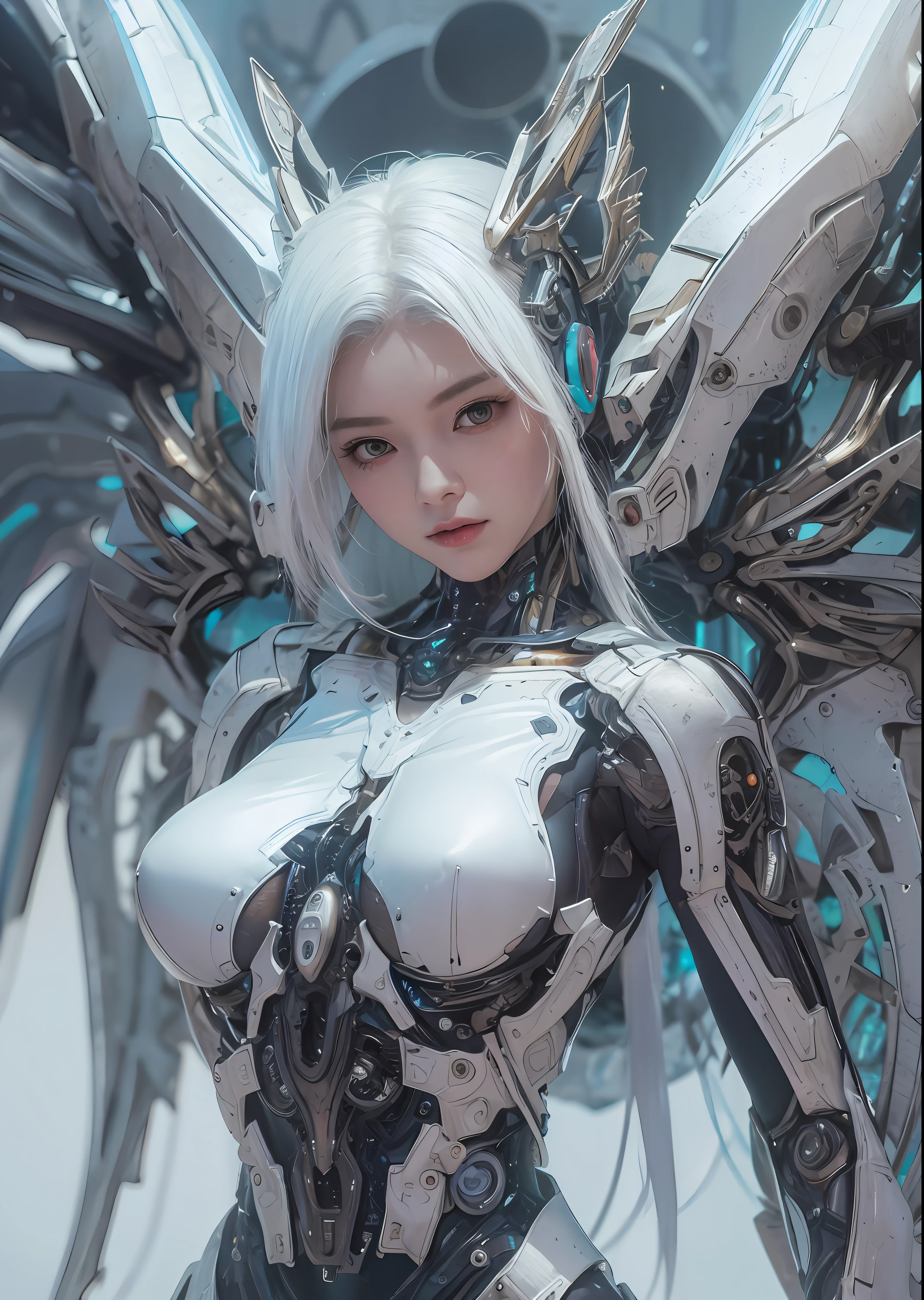 top-quality、​masterpiece、超A high resolution、(Photorealsitic:1.4)、Raw photo、Battle Cyborg Angel、large wings made of metal、White porcelain body、Acrylic Clear Cover、white  hair、glowy skin、1 Cyborg Girl、((super realistic details))、portlate、globalillumination、Shadow、octan render、8K、ultrasharp、character edge light,Colossal tits、Raw skin is exposed in cleavage、Details of complex ornaments、Giger Details、Hydraulic cylinder、Small LED lamp、highly intricate detail、Realistic light、a purple eye、radiant eyes、Facing the camera、neon details、cowboy  shot、Futuristic headgear、About Cyberpunk、、