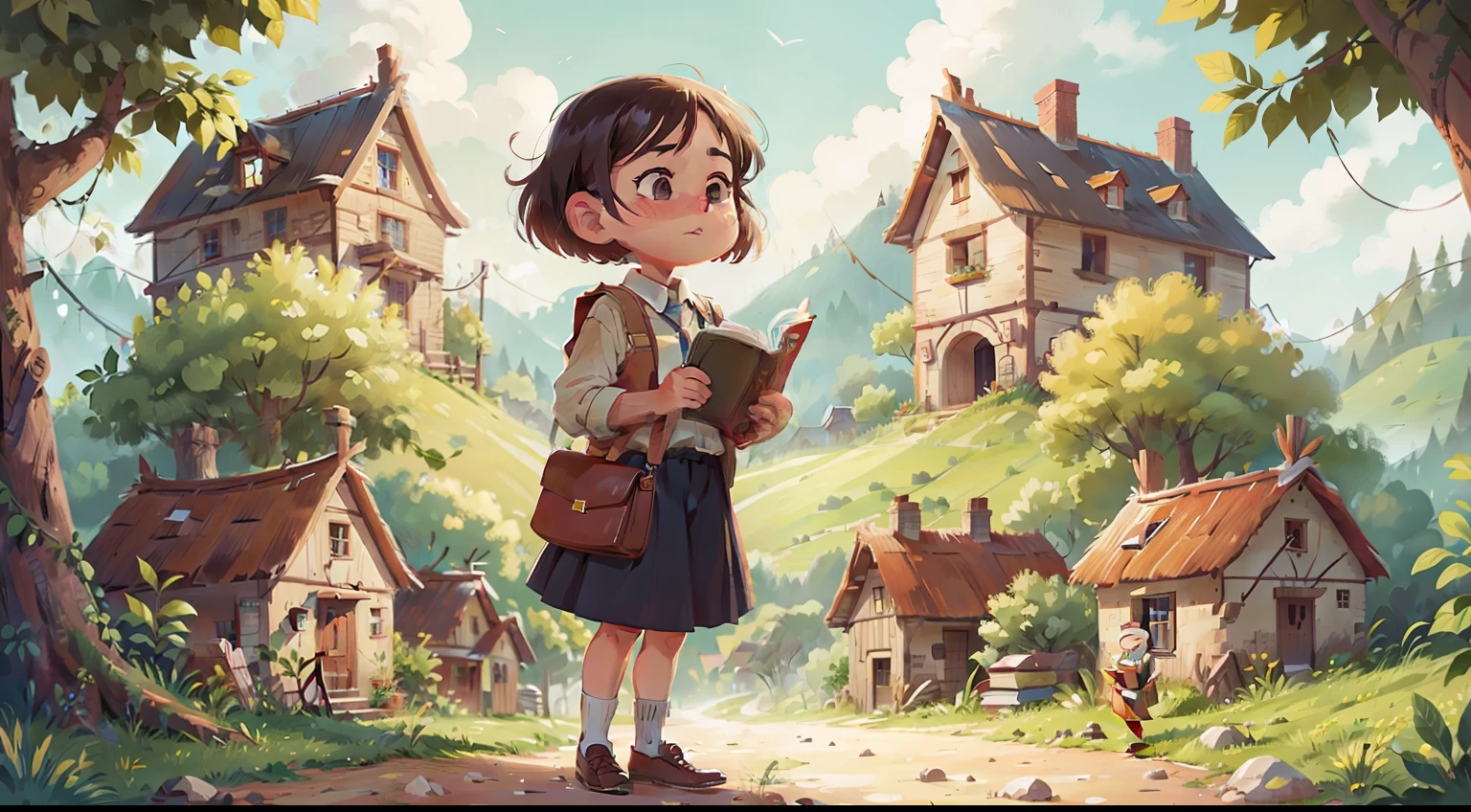 Full body portrait of a teacher holding a book，rural village background