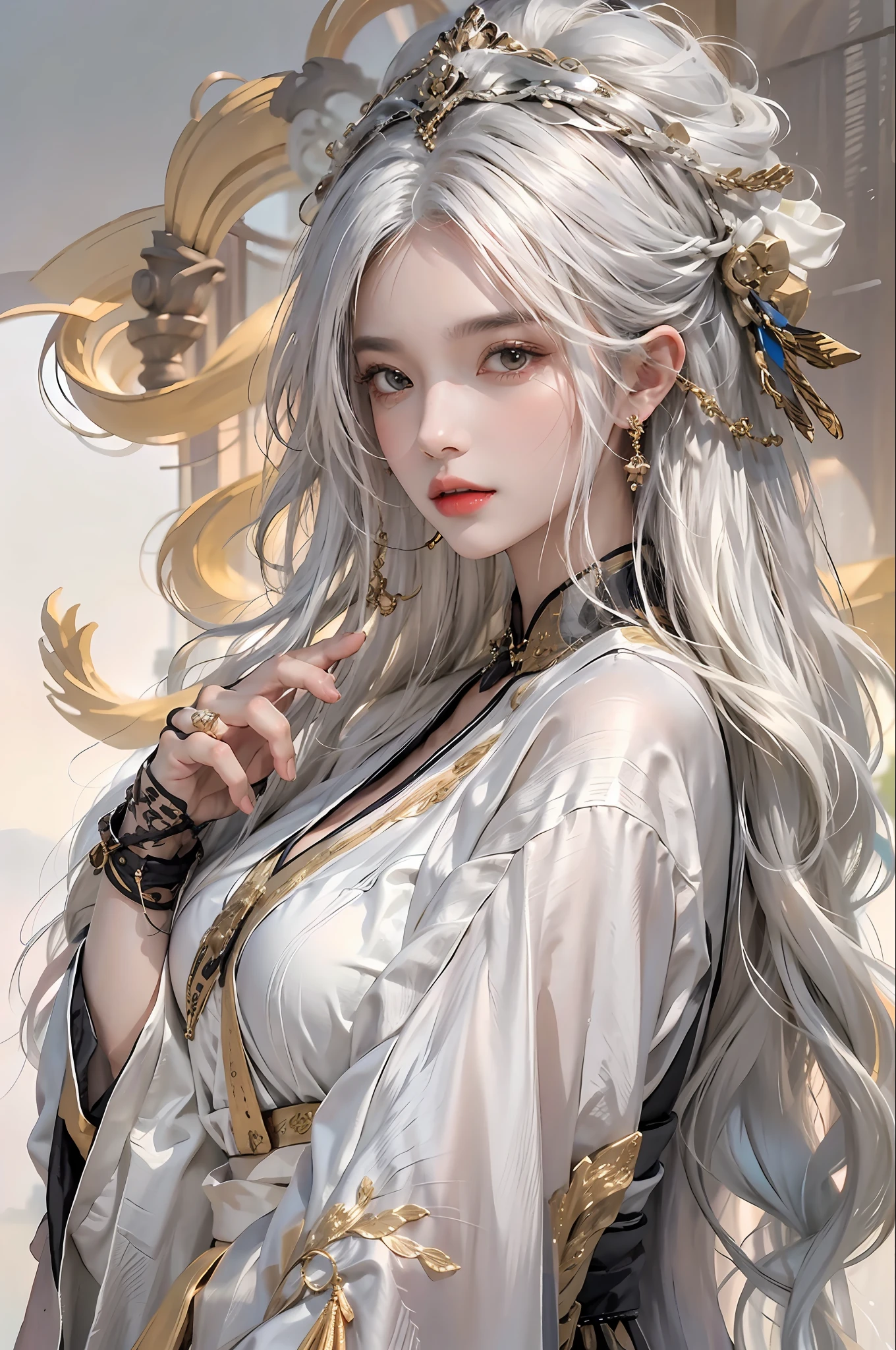 photorealistic, high resolution, 1women, solo, hips up, look at viewer, (detailed face), white hair, long hair, Taoist robe,oversized clothes, midjourney portrait, jewelry