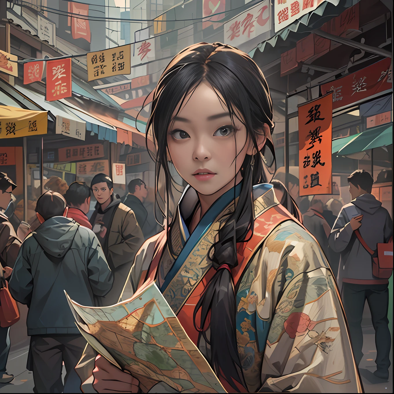 A young woman named Yang Feiyue standing on a bustling street, holding a map, surrounded by various food stalls, with a hint of disappointment and confusion on her face, ,in the style of the stars art group xing xing, 32k, best quality, masterpiece, super detail, high details
