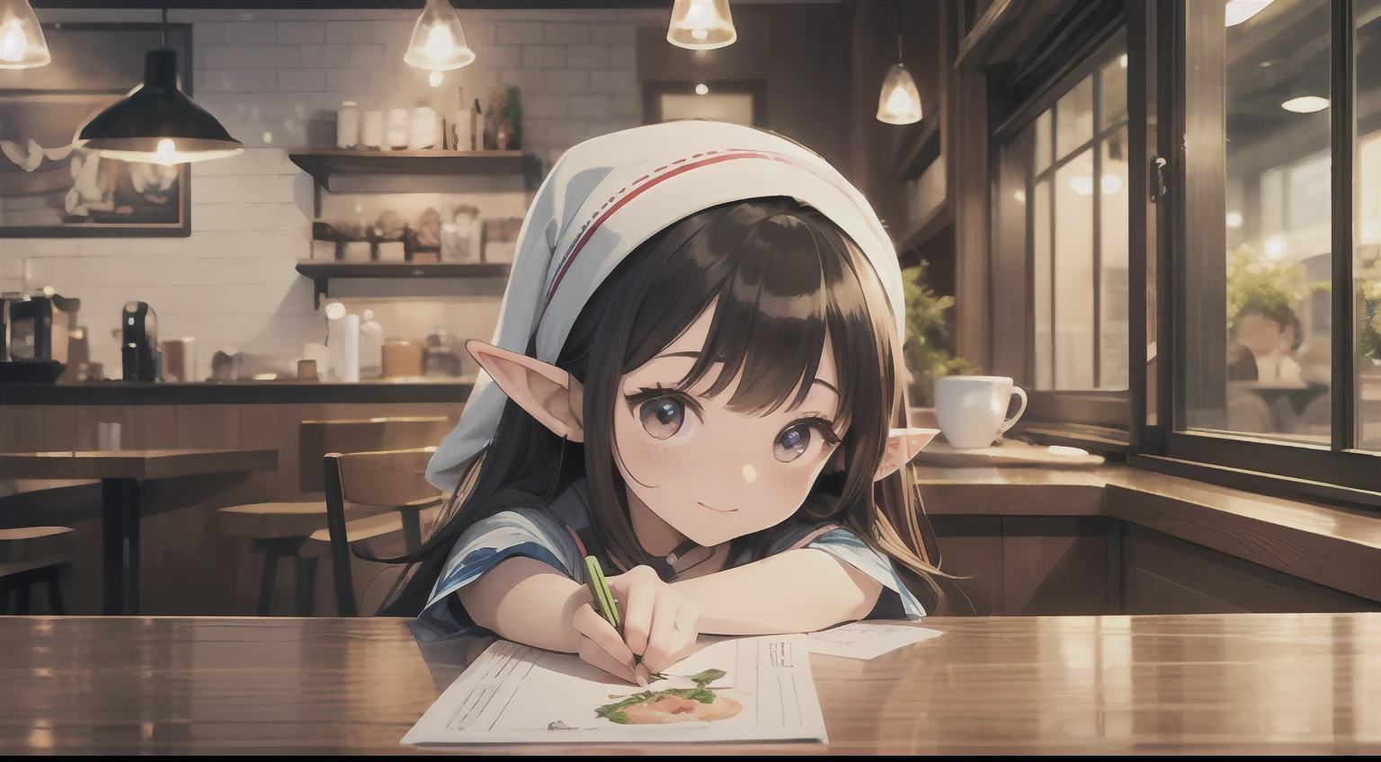 Cute elf character drawn in realistic hand drawn style、Generate illustrations that brightly depict the dining scene of a coffee shop。