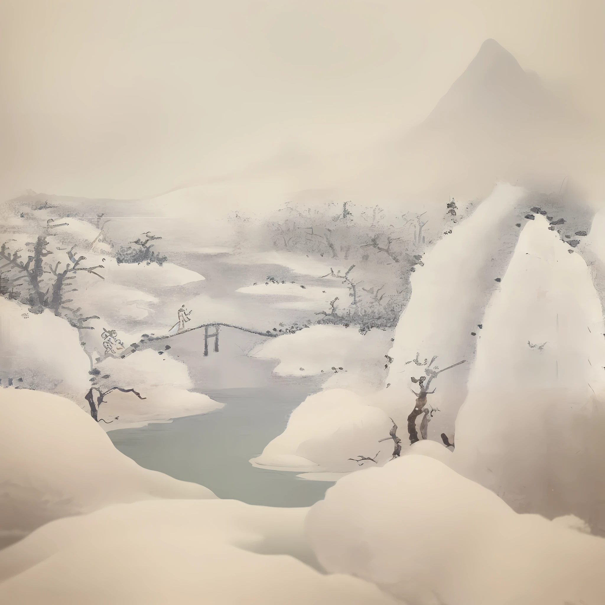 There is a painting of a snowscape, inspired by Ryōhei Koiso, style of guo hua, inspired by Sōami, inspired by Shen Shichong, inspired by Zhang Shunzi, inspired by Wang Shimin, author:Wang Lu, in style of fenghua zhong, by Gu Kaizhi
