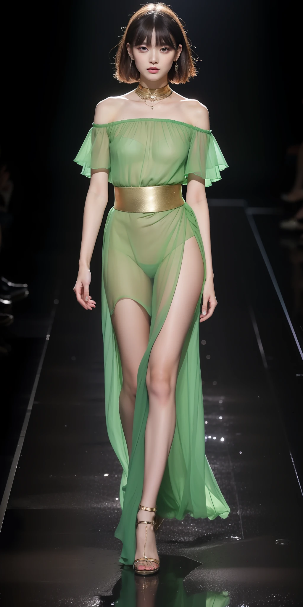 (Best quality, 8k, 32k, Masterpiece, UHD:1.2),Photo of Pretty Japanese woman, 1girl, (medium-short dark brown hair), double eyelid, fashion model,1.77meters， beautiful legs, unique maxi very wet light green dress with slit, off-shoulder, gold belt, choker, stand tall, runway, huge stage, Paris Collection, nsfw, full body, see through,,