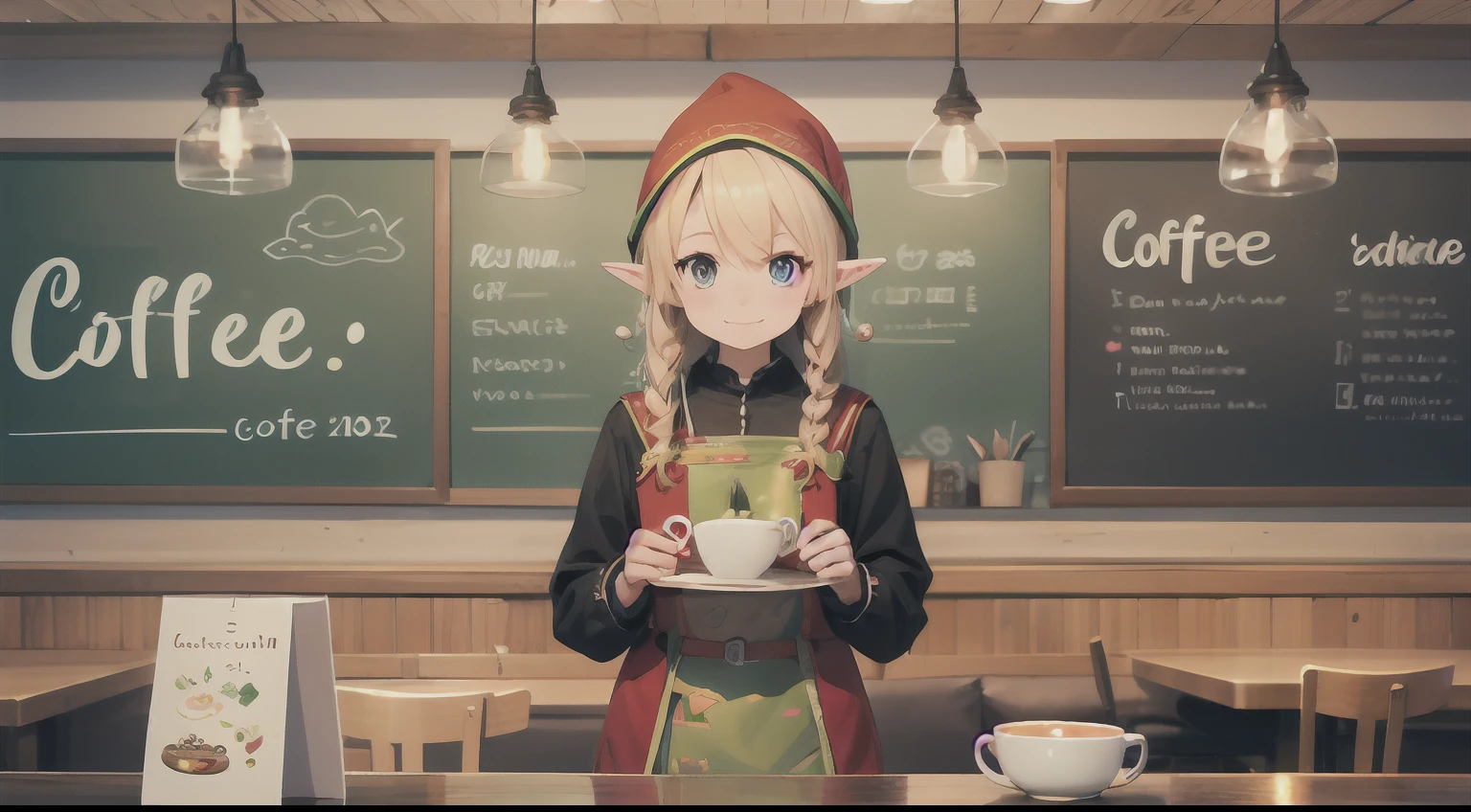 Cute elf character drawn in realistic hand drawn style、Generate illustrations that brightly depict the dining scene of a coffee shop。