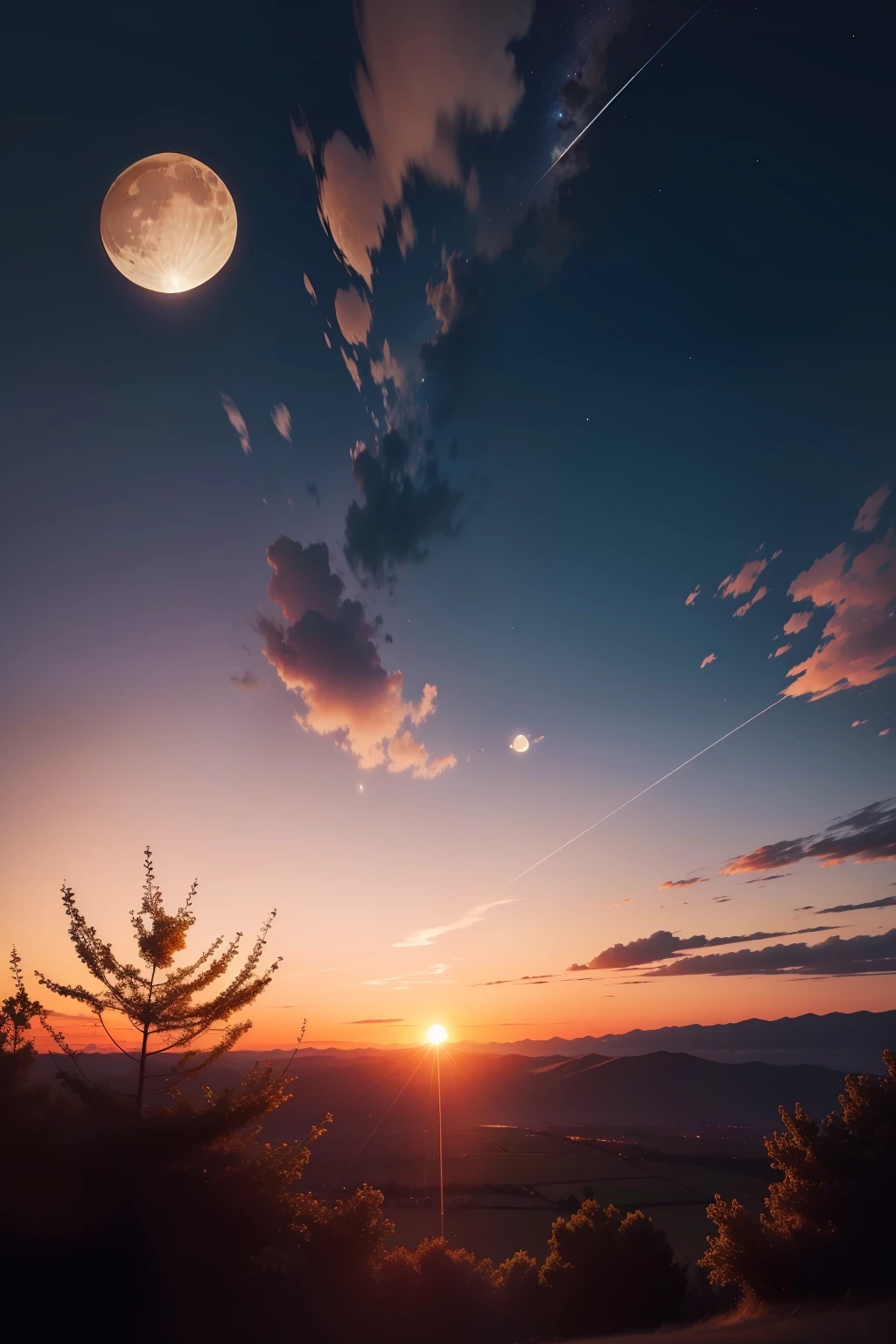 Combine the sunset and the moon in one image, add stars to the picture, include clouds, and have a depiction of the four seasons