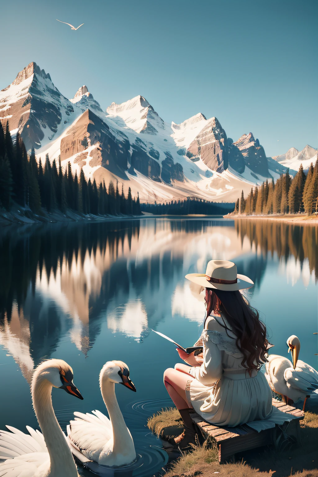 Beautuful Women,RV,swans,lake,Ultra photo realsisim