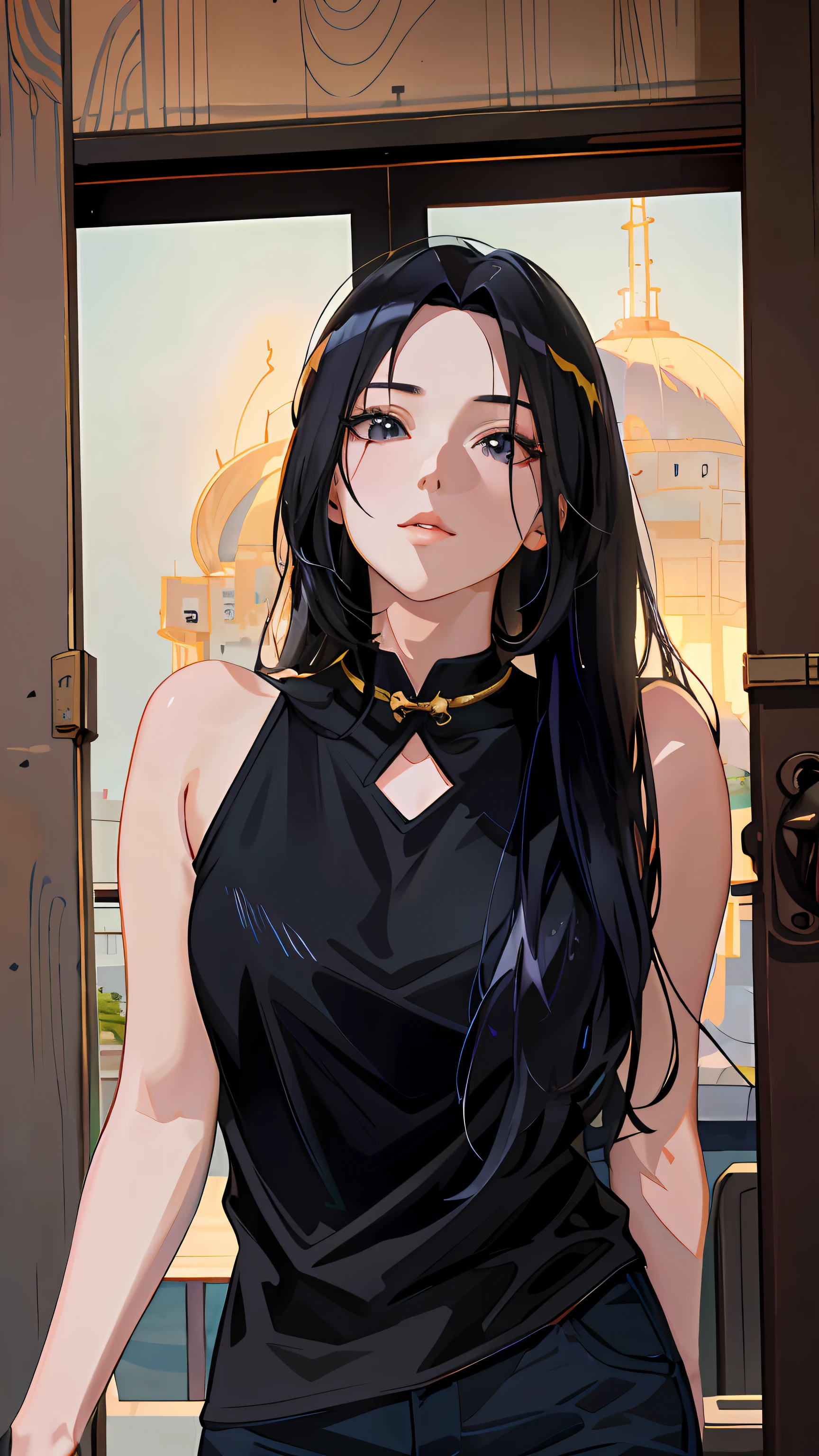 Anime girl with black hair and black cheongsam standing in front of the door, Guviz-style artwork, Digital anime illustration, attractive anime girls, seductive anime girls, realistic anime artstyle, Digital anime art, Anime girl wearing black dress, Anime style. 8K, portrait anime girl, Beautiful anime girl, style of anime4 K, a beautiful anime portrait，Realistic anime 3 D style, Anime style. 8K, anime realism style, realistic anime artstyle, Photorealistic anime,style of anime4 K, Guviz-style artwork, Casual pose，（（tmasterpiece，best qualtiy）），illustratio，Ultra-detailed 8K，Photorealsitic，Clear focus，A highly detailed，Professional lighting，Colorful detailed，Rainbow color BREAK factory super long shot，with light glowing，Complicated details，Shitu-mecha，1girl stands in front of the audience，Bigchest。