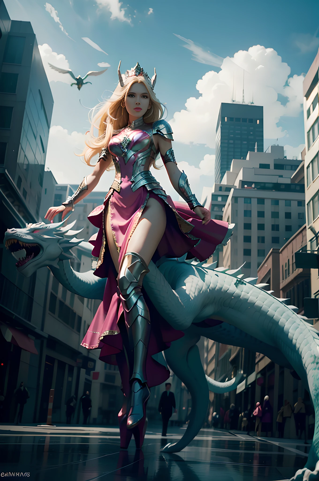 tmasterpiece,Top quality,ultra - detailed,Marvel cinematic style,Barbie Girl,pink armor,Drive the white dragon over the bustling city,heroic look,cinematic compositions,Movie lighting,sunny clear sky,and the sun was shining brightly,Refined face,Beautiful and moving,A look of determination,Delicate nose。
