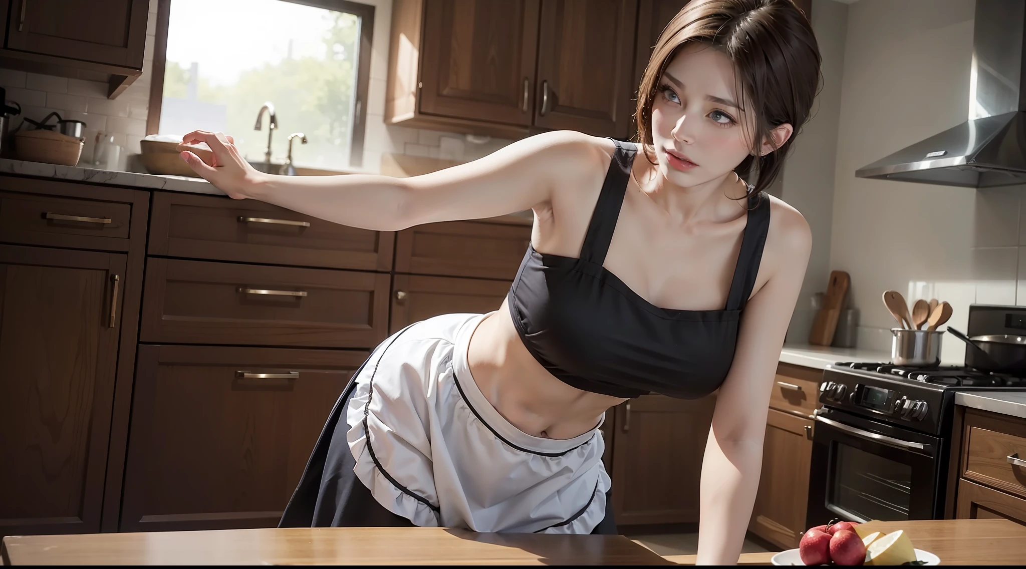 Beautiful mature woman，kitchens，aprons，cropped shoulders，No underwear，Raised sexy，dynamicposes，dramatics，A high resolution，photorealestic，best qualityer