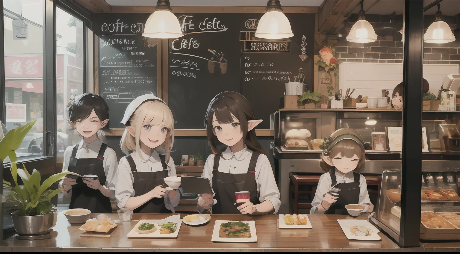 Cute elf characters drawn in realistic hand-drawn style、Generate illustrations that brightly depict the dining scene of a coffee shop。