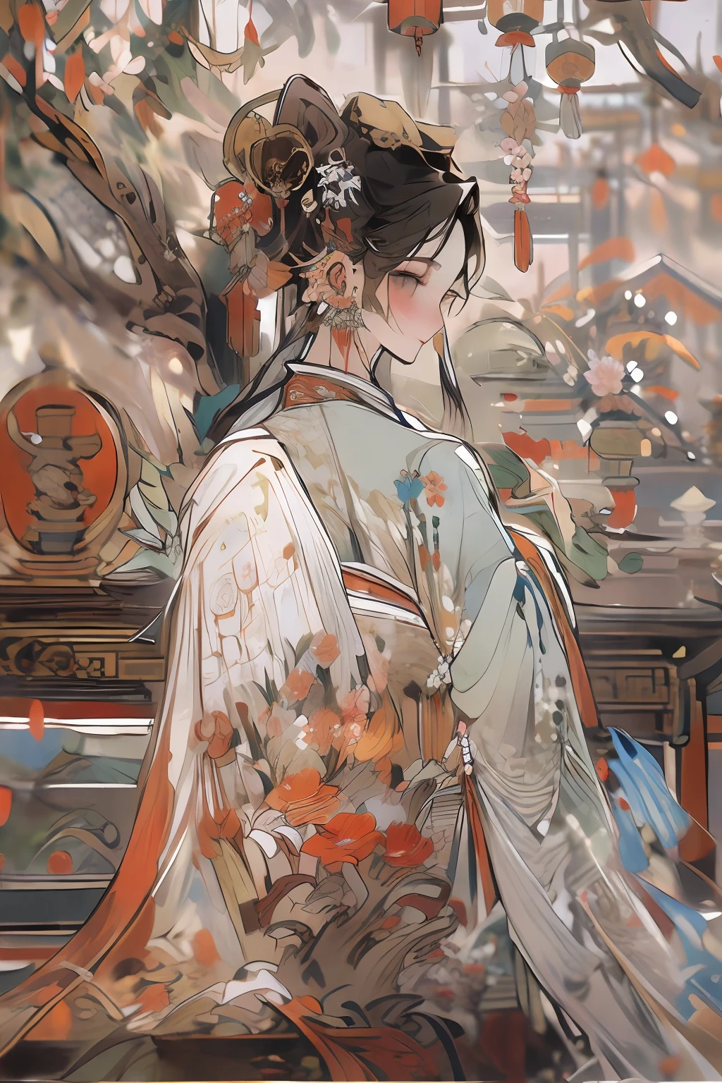 masterpiece, best quality, Chinese style, intricate details, photon rendering, octane render, absurdres, ultra detailed, detailed face, detailed skin, trending on artstation,8k masterpiece,cinematic lighting, 1girl, sitting, solo, red wall, bench, architecture, chinese clothes, hands on lap, vase, dress, east asian architecture, black hair, long sleeves, tree, flower, looking at viewer, indoors, daqingchao, long sleeves, floral print, traditional media, smile, hanfu, washed up color