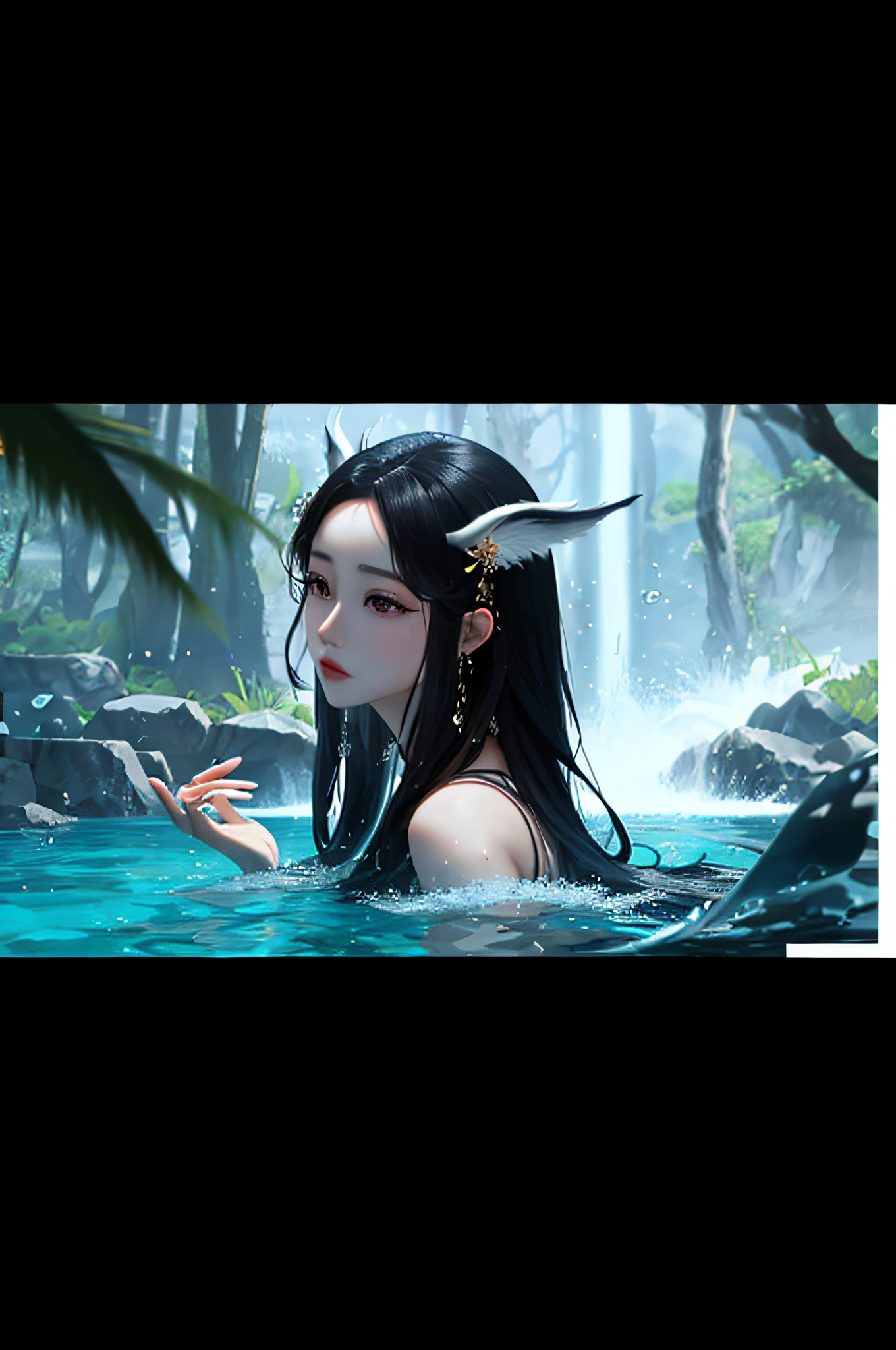The woman in the pool, 4k high definition. Black hair, Fan Bingbing, dilraba dilmurat,  The water came to her shoulders, nymph in the water, In the water,  queen of the sea mu yanling，Enchanting fox demon，Daji，Smoky atmosphere，misterious ambience，enchanting elegance，masterful technique，Manifestations of naturalism，Harmonious composition，Creative improvements，Striking juxtaposition，best qualtiy，8K