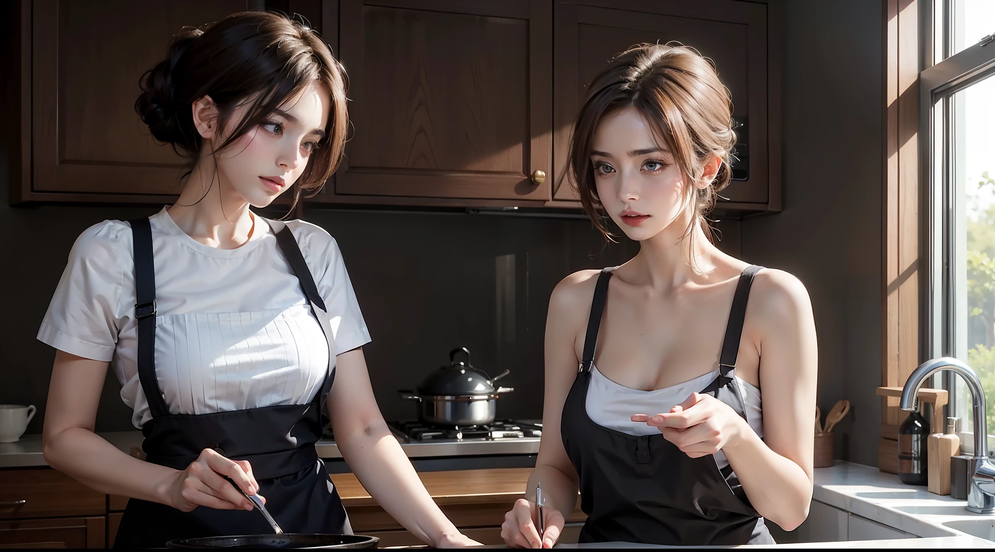 Beautiful mature woman,kitchens,aprons,cropped shoulders,No underwear,Raised sexy,dynamicposes,dramatics,A high resolution,photorealestic,best qualityer