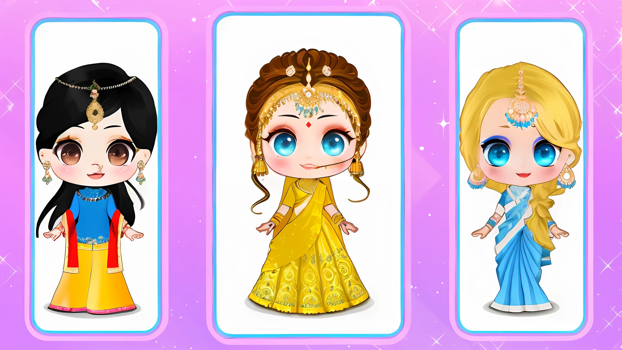 three chibi doll characters dressed in Indian clothes and jewelry, perfect android girl family, of an Indian princess, traditional female hairstyles, my dress up darling anime, ancient Asian dynasty princess, Indian style, beautiful female princess, fashion gameplay screenshot, artificial intelligence princess, Indian empress, design your own avatar, cute colorful adorable, wearing fantasy formal clothing, my dress-up darling