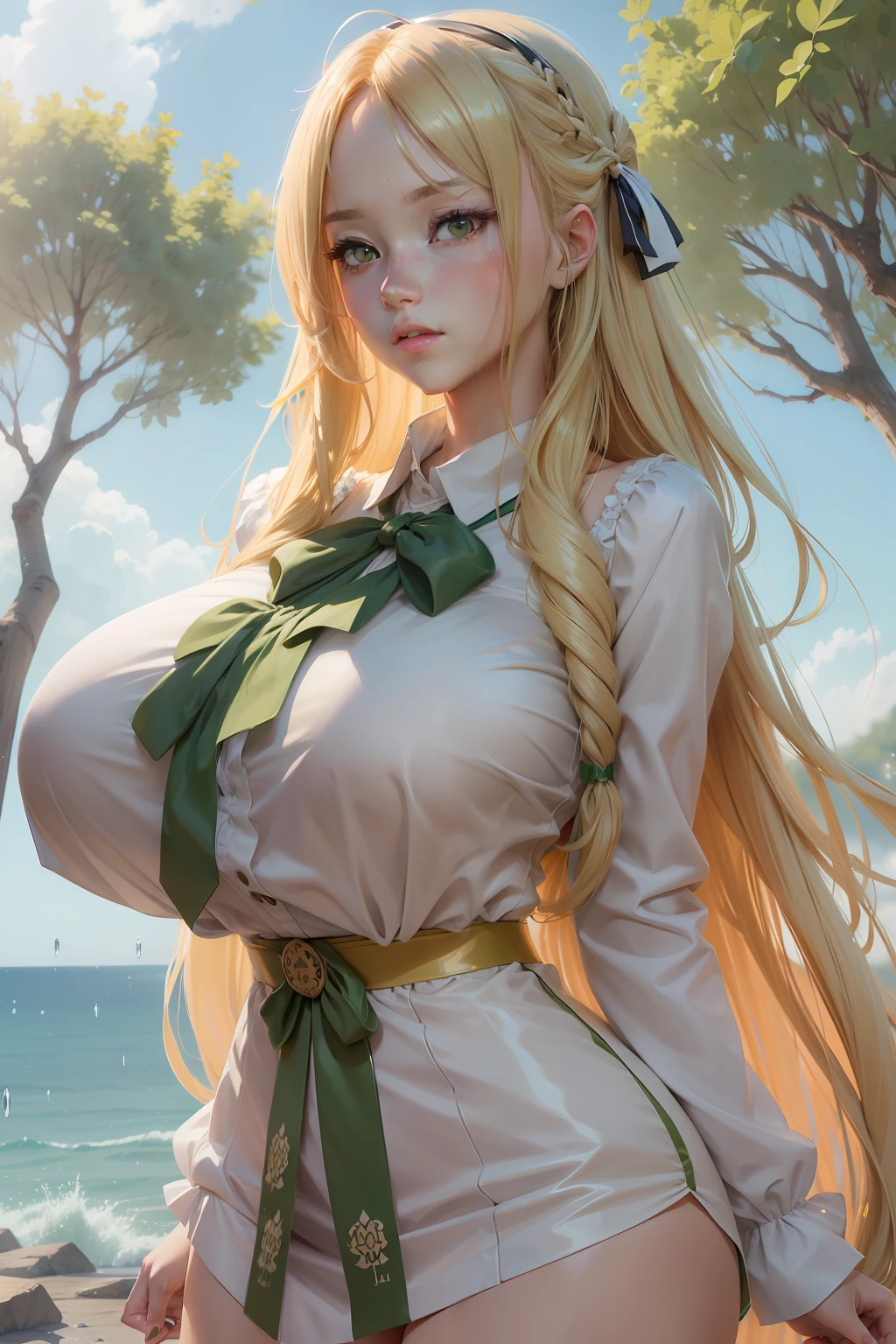Anime girl posing with long blonde hair and green bow to camera, Detailed digital anime art, Smooth anime CG art, SFW, [ 4 K digital art ]!!, Marin Kitagawa fanart, Digital anime art, Big breasts!, photorealistic anime girl rendering, advanced digital anime art, Blonde anime girl with long hair, Digital anime illustration，Wet dew point，very large scales