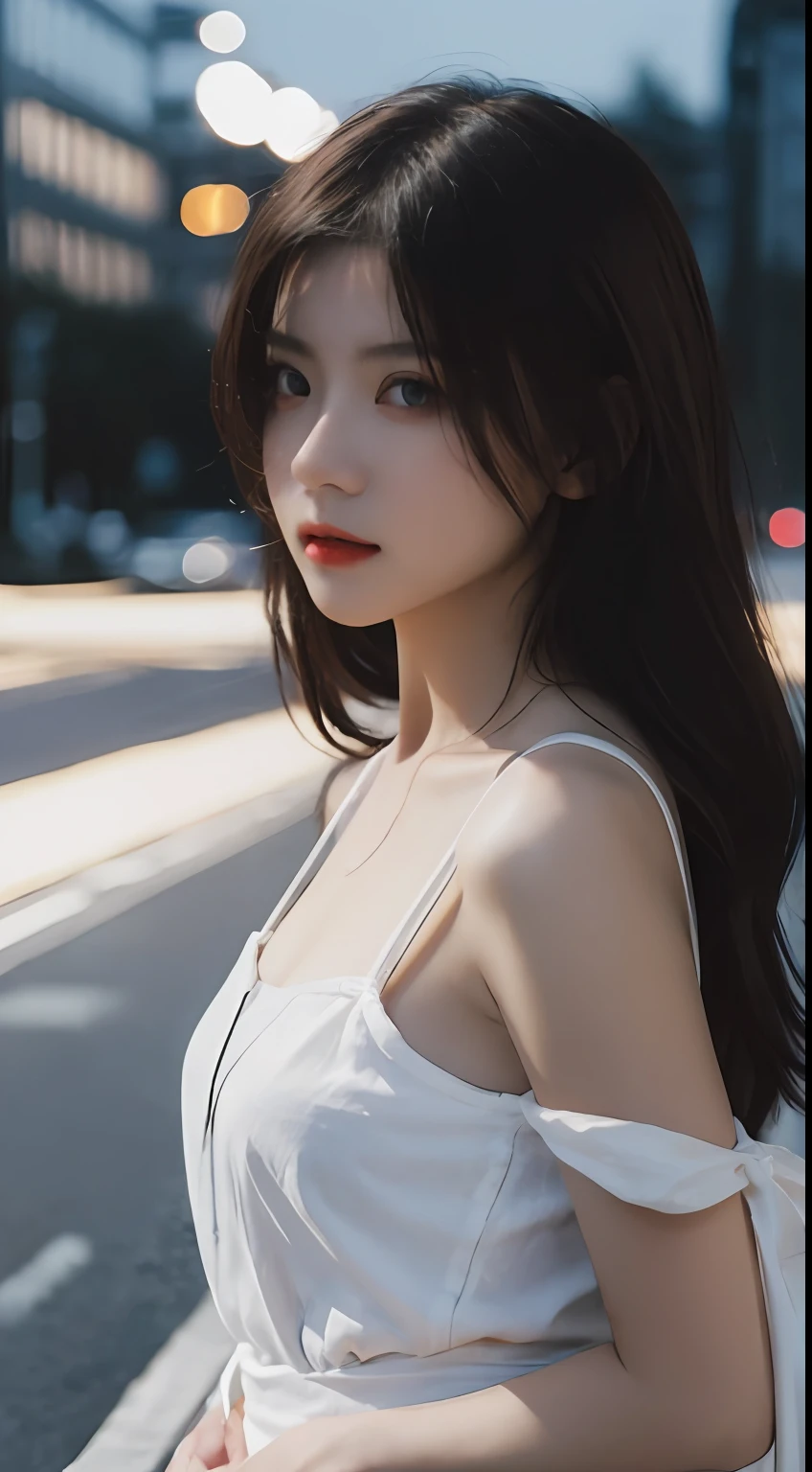 best qualtiy， tmasterpiece， 超高分辨率， （Lifelike：1.5）， RAW photogr， 1girll， in the darkness nigth， deep shading， low tune， cold light， Sexy look， Long reddish-brown hair、Night scene，White suspenders