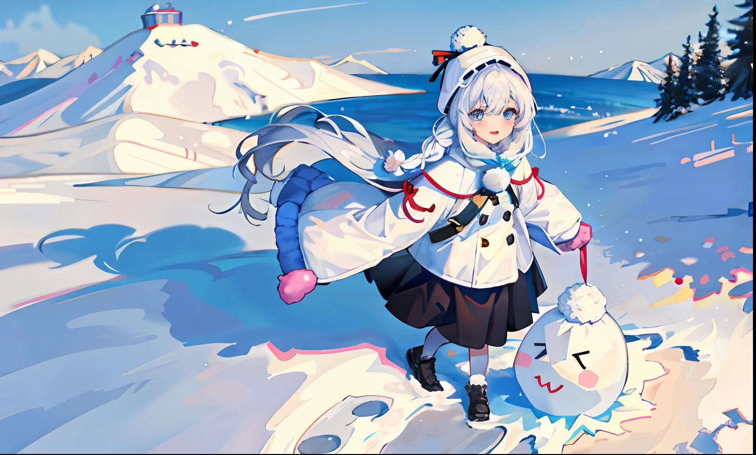 1girll, Snowman costume，Winter jacket，围巾，full bodyesbian，Winters，snowflower，adolable
